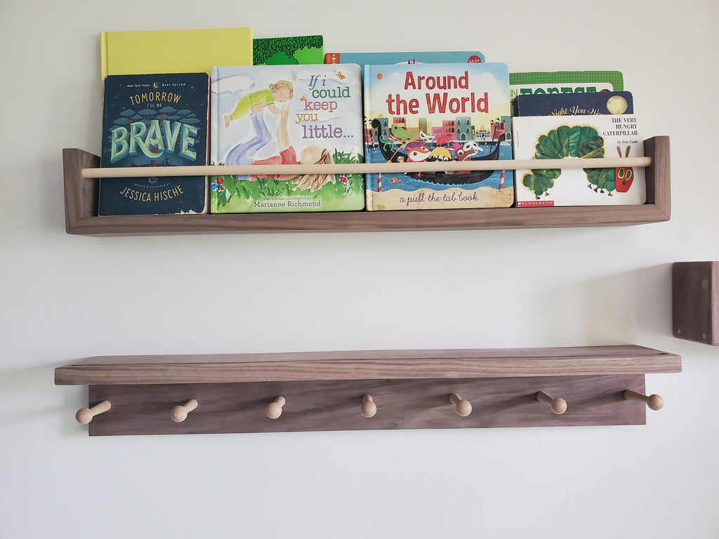 Shipping Included, Walnut Hardwood Bookshelf "Waterfall Corner" and Shelf Combination Set, Nursery Room Decor, Hardwood Joinery, Custom Sizing Available, Montessori