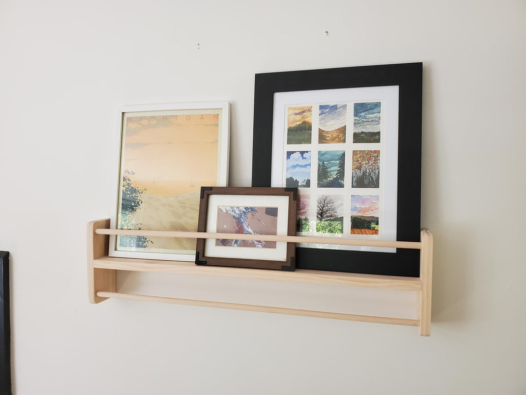Shipping Included, Pine Picture Shelf W/ Hanger Rod, Bookshelf, Entryway Shelf, 18"-36" Width, Display Shelf, Coat Hanger, Nursery Shelf, Playroom, Home school