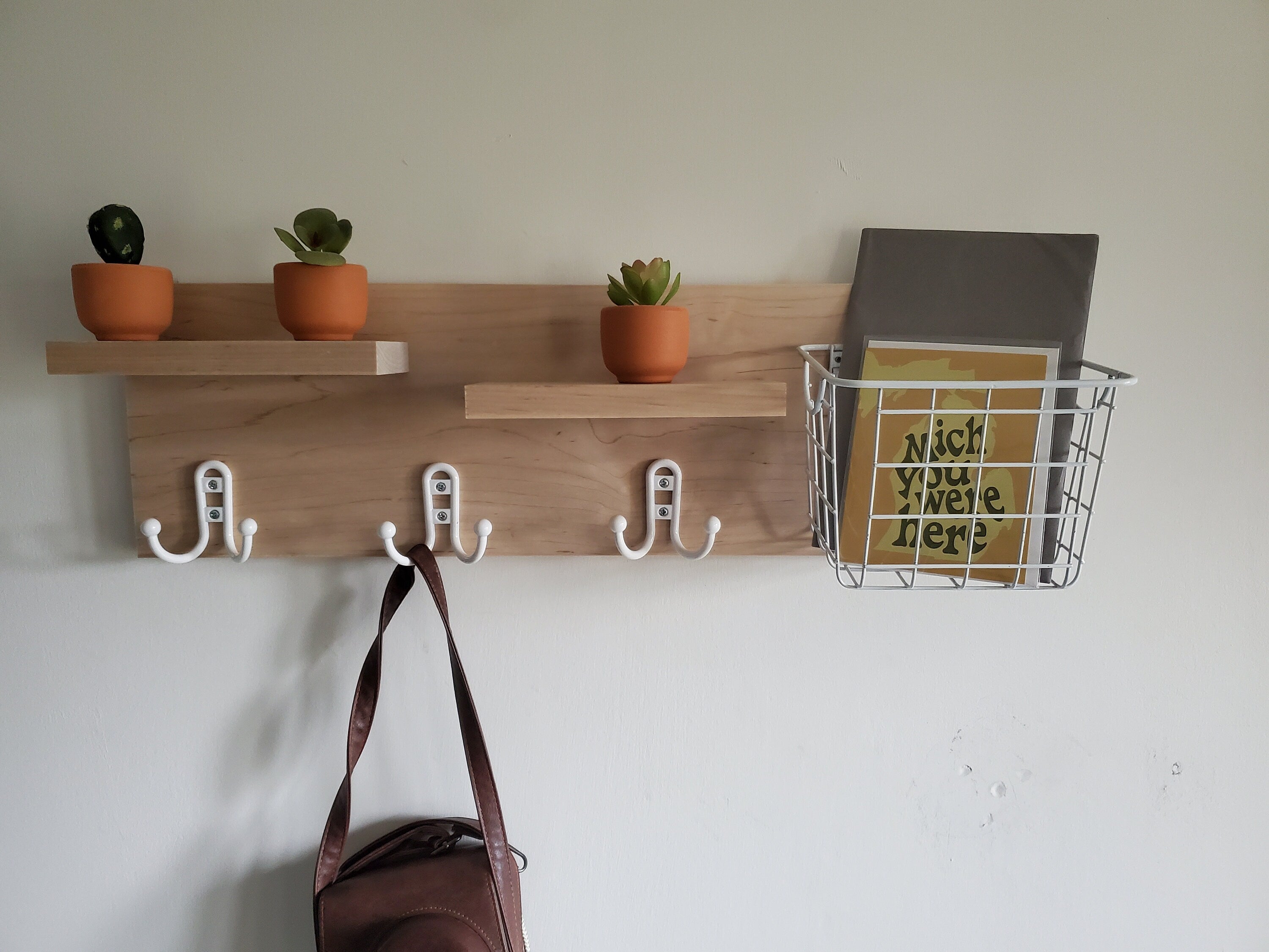 Shipping Included, Hardwood Entry Shelf, Maple Entry Shelf, Entryway Shelf, Entry Shelf with Basket and Hooks