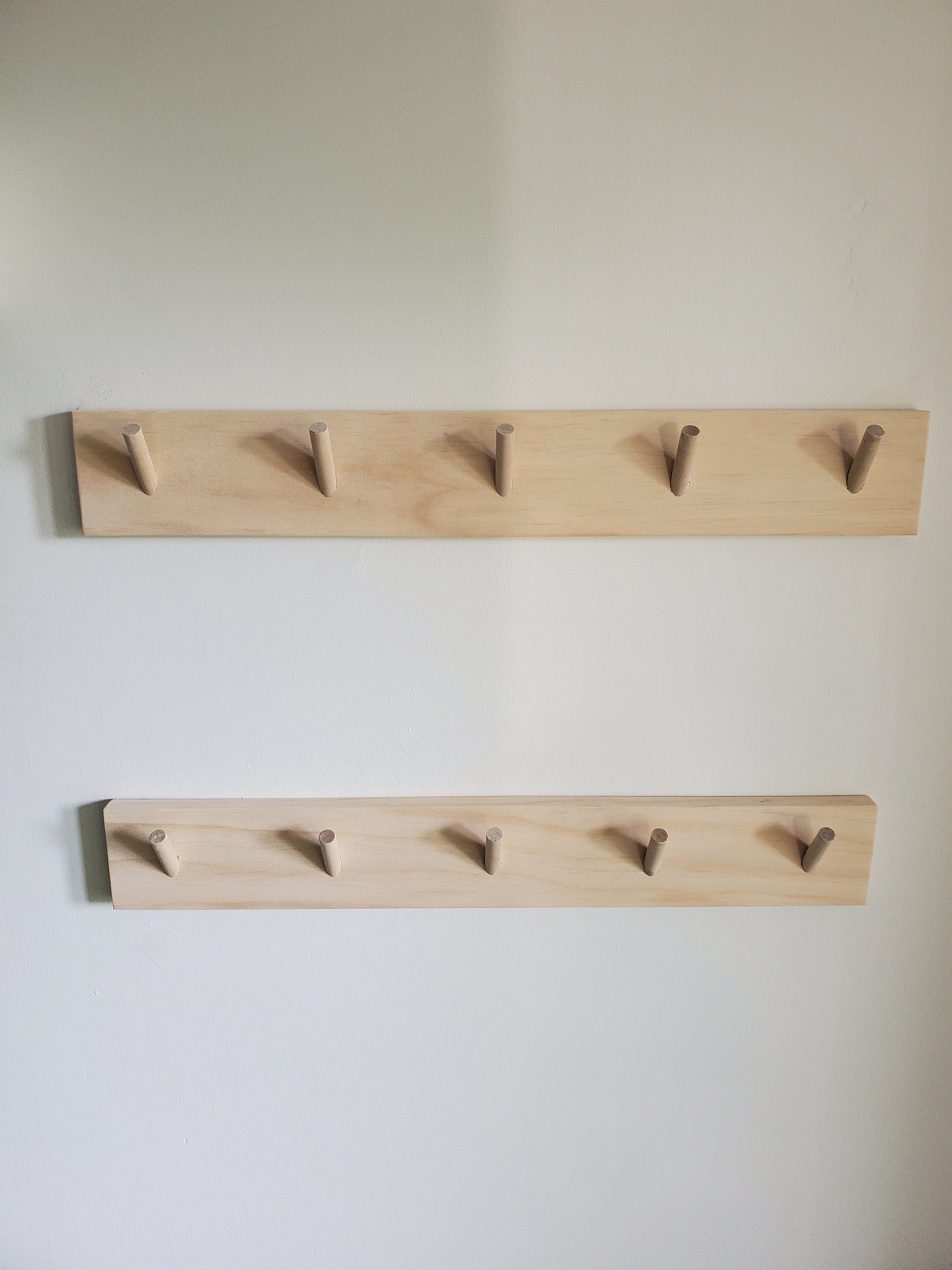 Shipping Included, 18" - 48" Pine Nursery Angled Wall Hook Shelf, Peg Rack Natural, Nursery Garment Rack, Nursery Peg Shelf, Entryway Coat Rack, Bathroom Towel