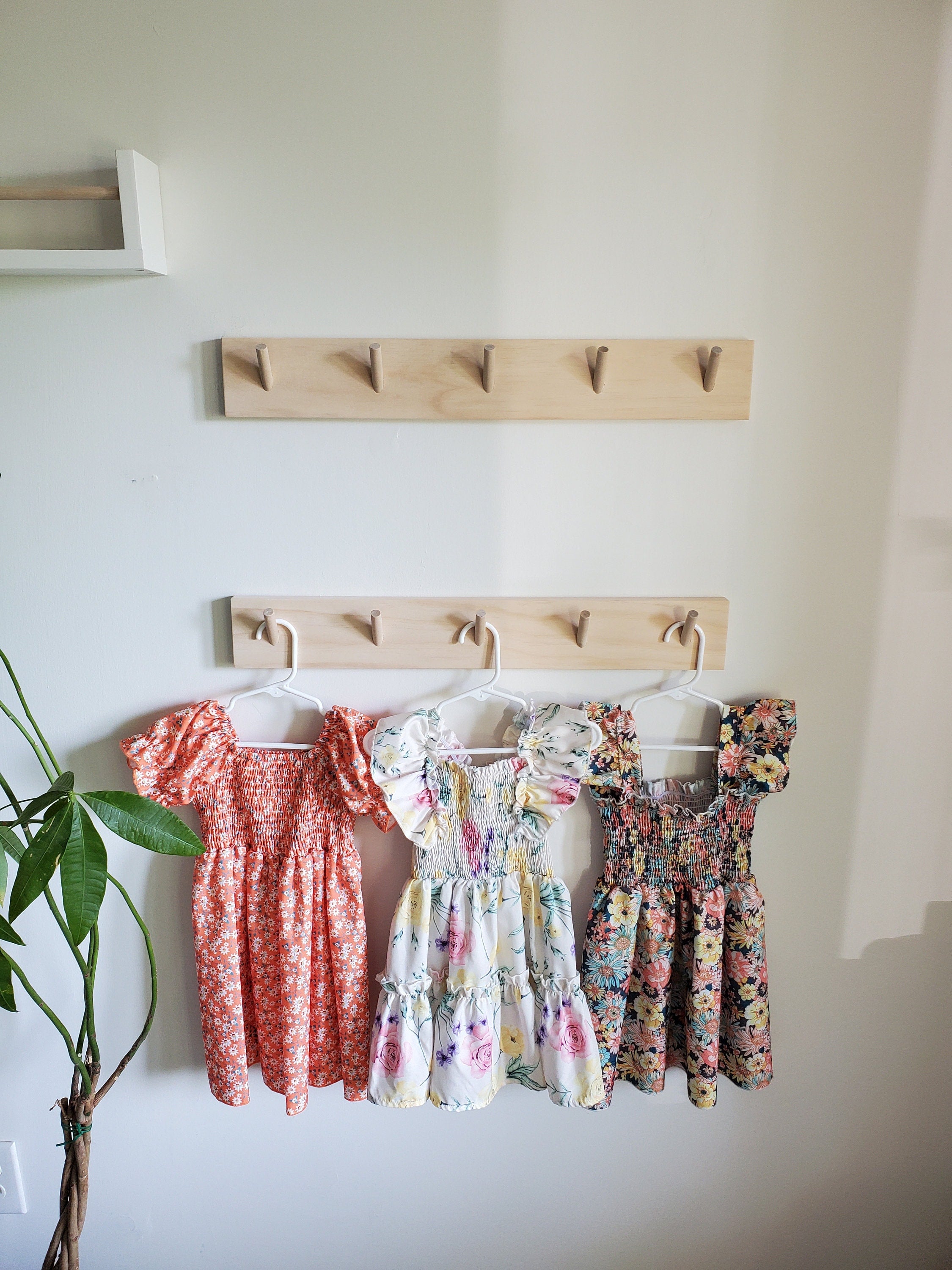 Shipping Included, 18" - 48" Pine Nursery Angled Wall Hook Shelf, Peg Rack Natural, Nursery Garment Rack, Nursery Peg Shelf, Entryway Coat Rack, Bathroom Towel