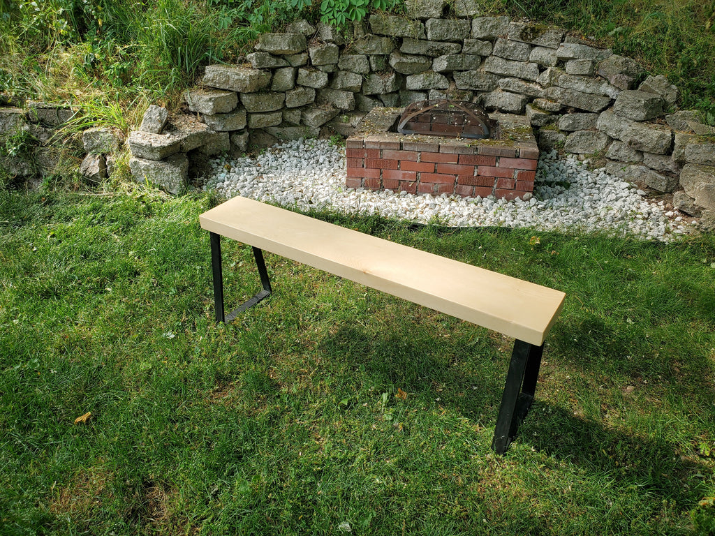 Shipping Included, 4 Ft Slab Pine Bench, Indoor/Outdoor Piece, Thick Pine, Trapezoid Metal Legs