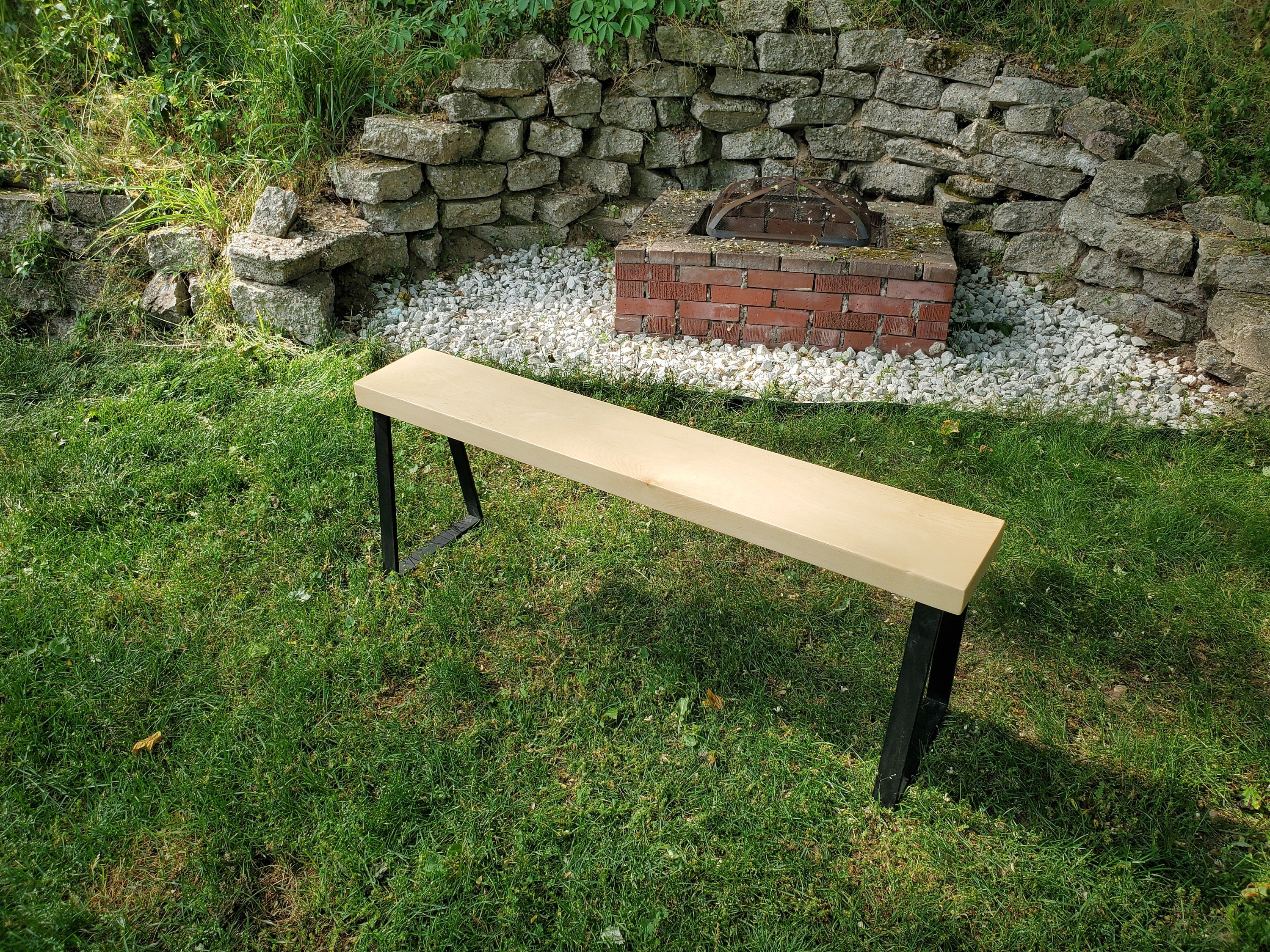 Shipping Included, 4 Ft Slab Pine Bench, Indoor/Outdoor Piece, Thick Pine, Trapezoid Metal Legs
