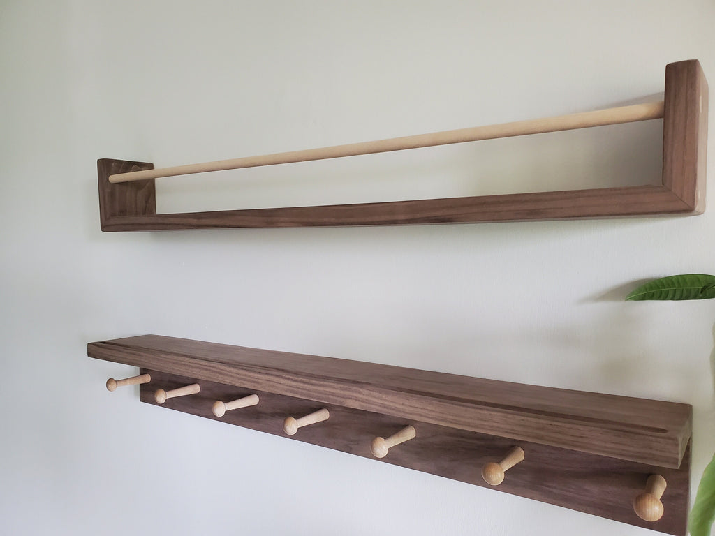Shipping Included, Walnut Hardwood Bookshelf "Waterfall Corner" and Shelf Combination Set, Nursery Room Decor, Hardwood Joinery, Custom Sizing Available, Montessori