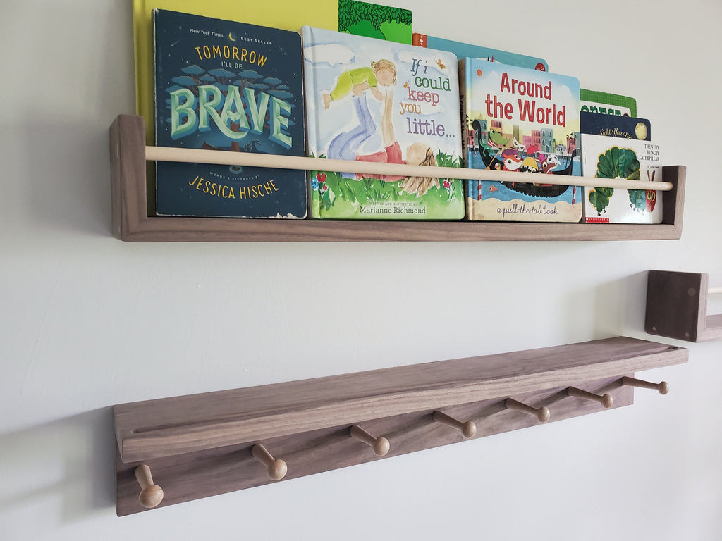 Shipping Included, Walnut Hardwood Bookshelf "Waterfall Corner" and Shelf Combination Set, Nursery Room Decor, Hardwood Joinery, Custom Sizing Available, Montessori