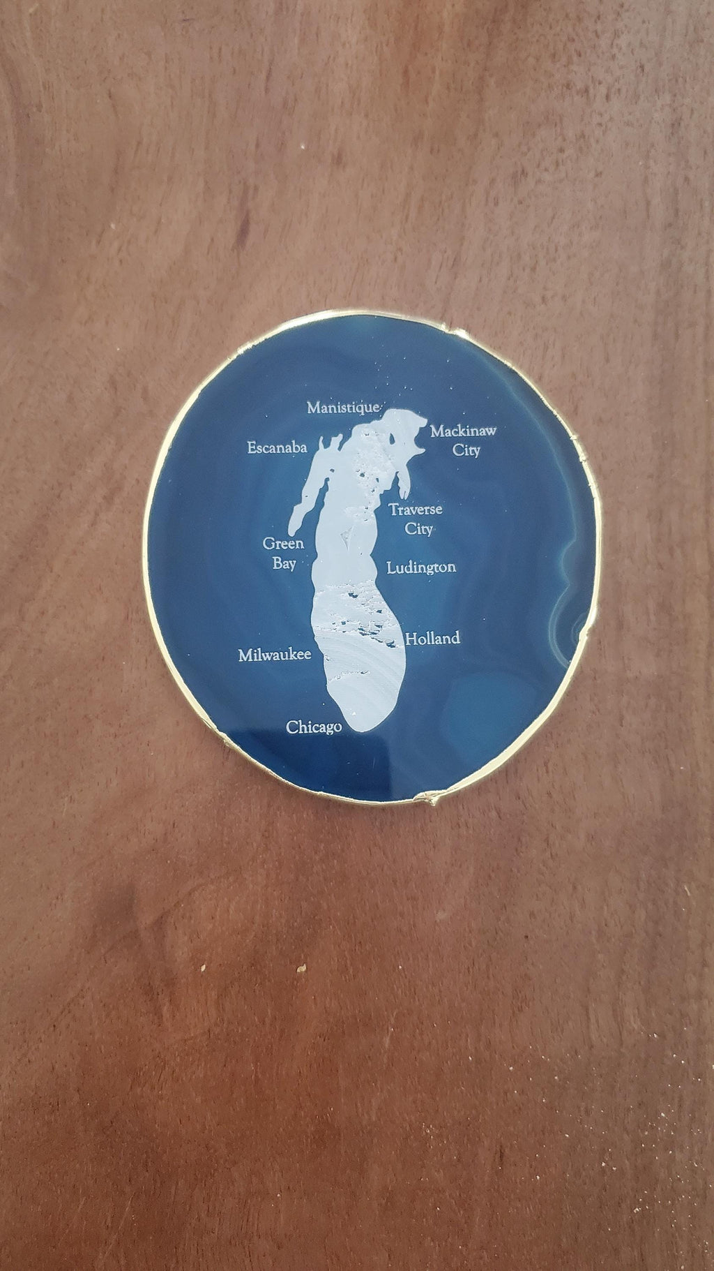 Shipping Included, Blue Agate Coaster W/ Lake Michigan and Cities Engraved