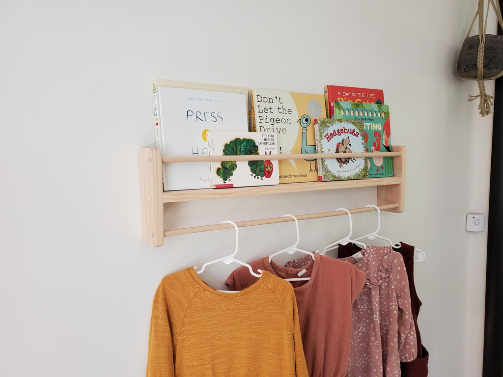 Shipping Included, Natural Pine Bookshelf/Clothing Hanger Combo Shelf, Floating Bookshelf, Furniture Grade Pine, Sanded Smooth, Easy Installation, Nursery Shelf