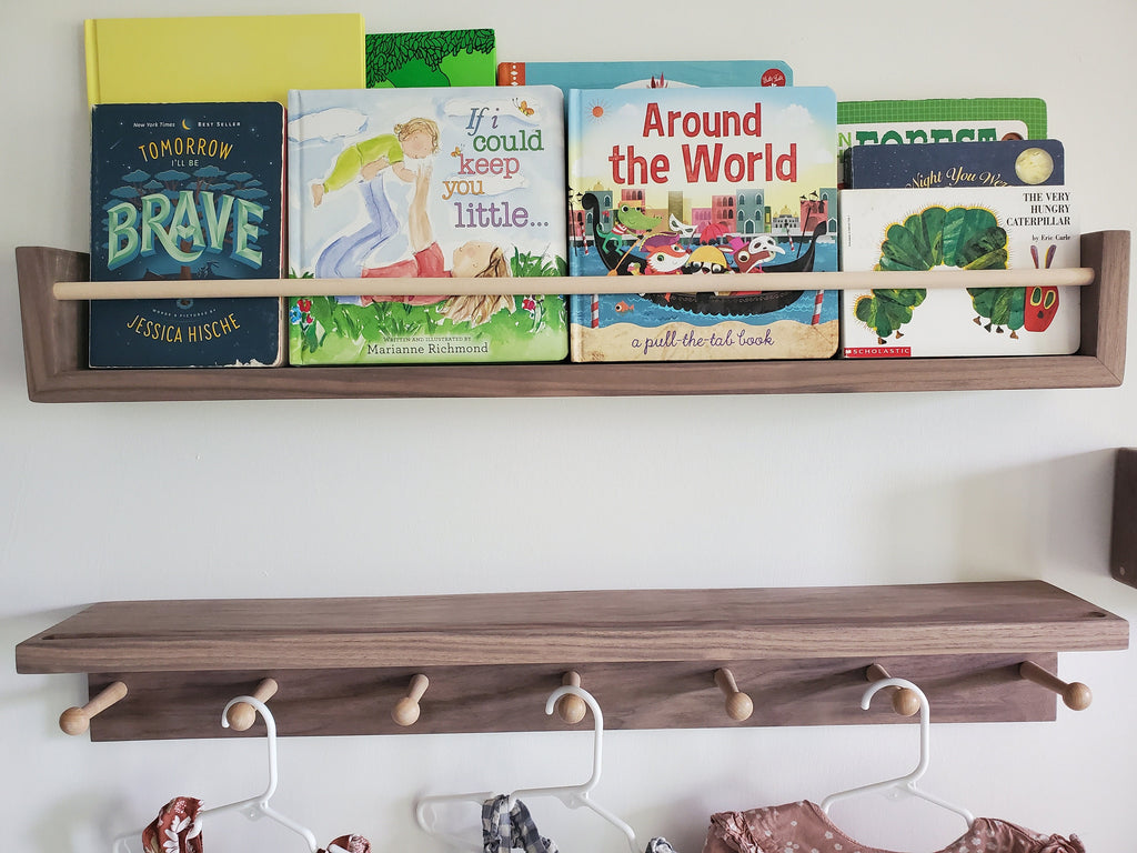 Shipping Included, Walnut Hardwood Bookshelf "Waterfall Corner" and Shelf Combination Set, Nursery Room Decor, Hardwood Joinery, Custom Sizing Available, Montessori