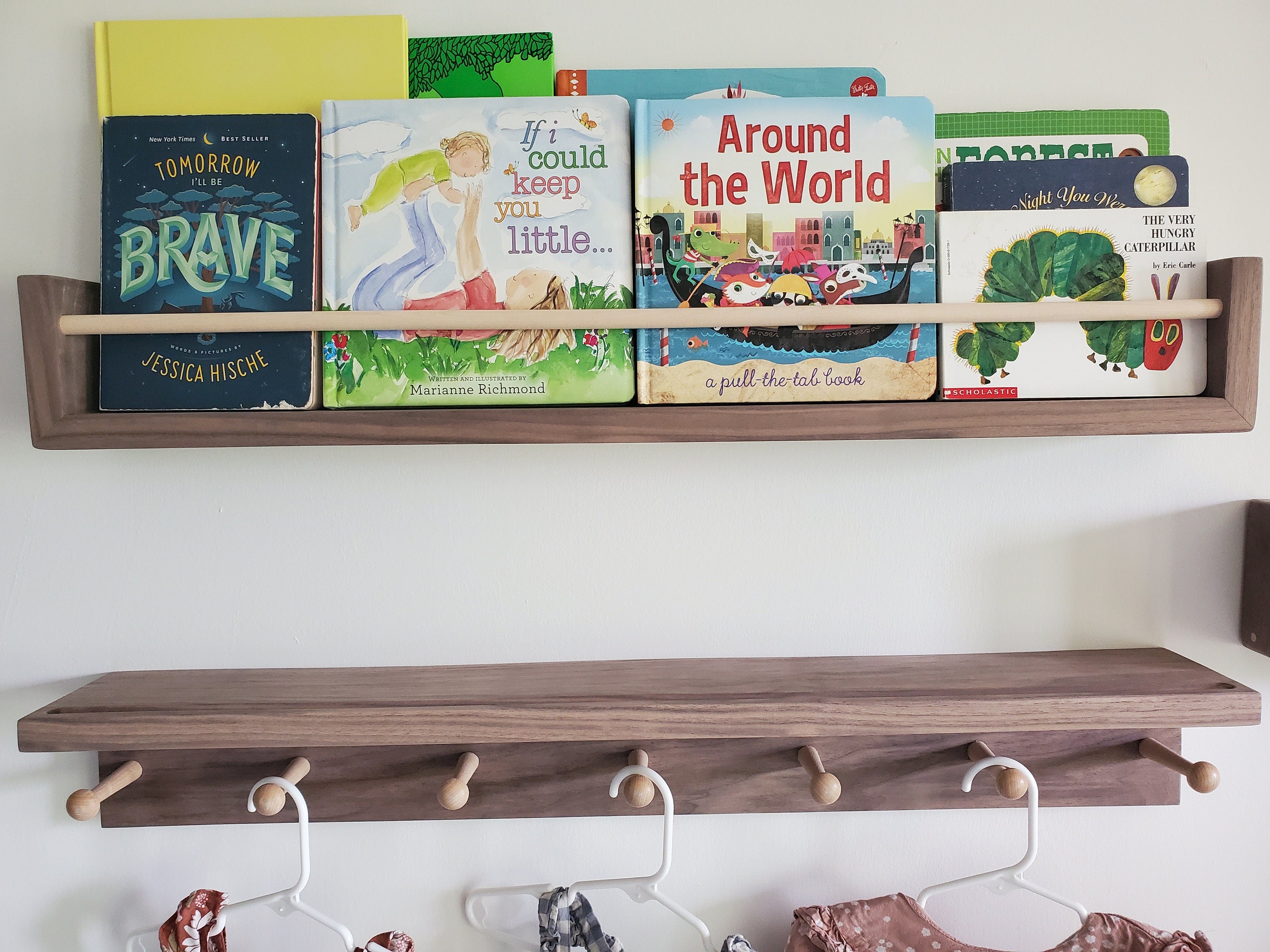 Shipping Included, Walnut Hardwood Bookshelf "Waterfall Corner" and Shelf Combination Set, Nursery Room Decor, Hardwood Joinery, Custom Sizing Available, Montessori