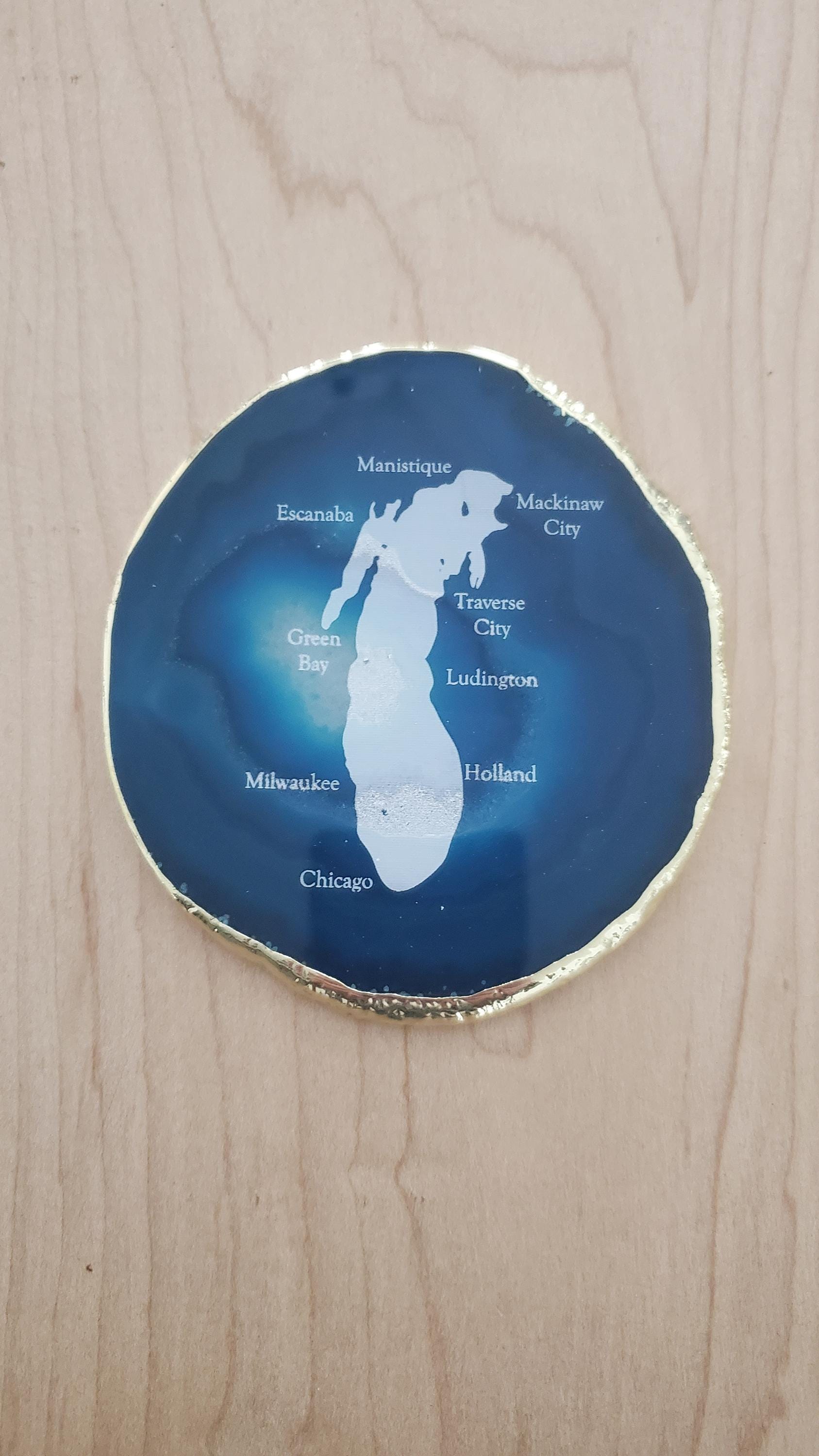 Shipping Included, Blue Agate Coaster W/ Lake Michigan and Cities Engraved