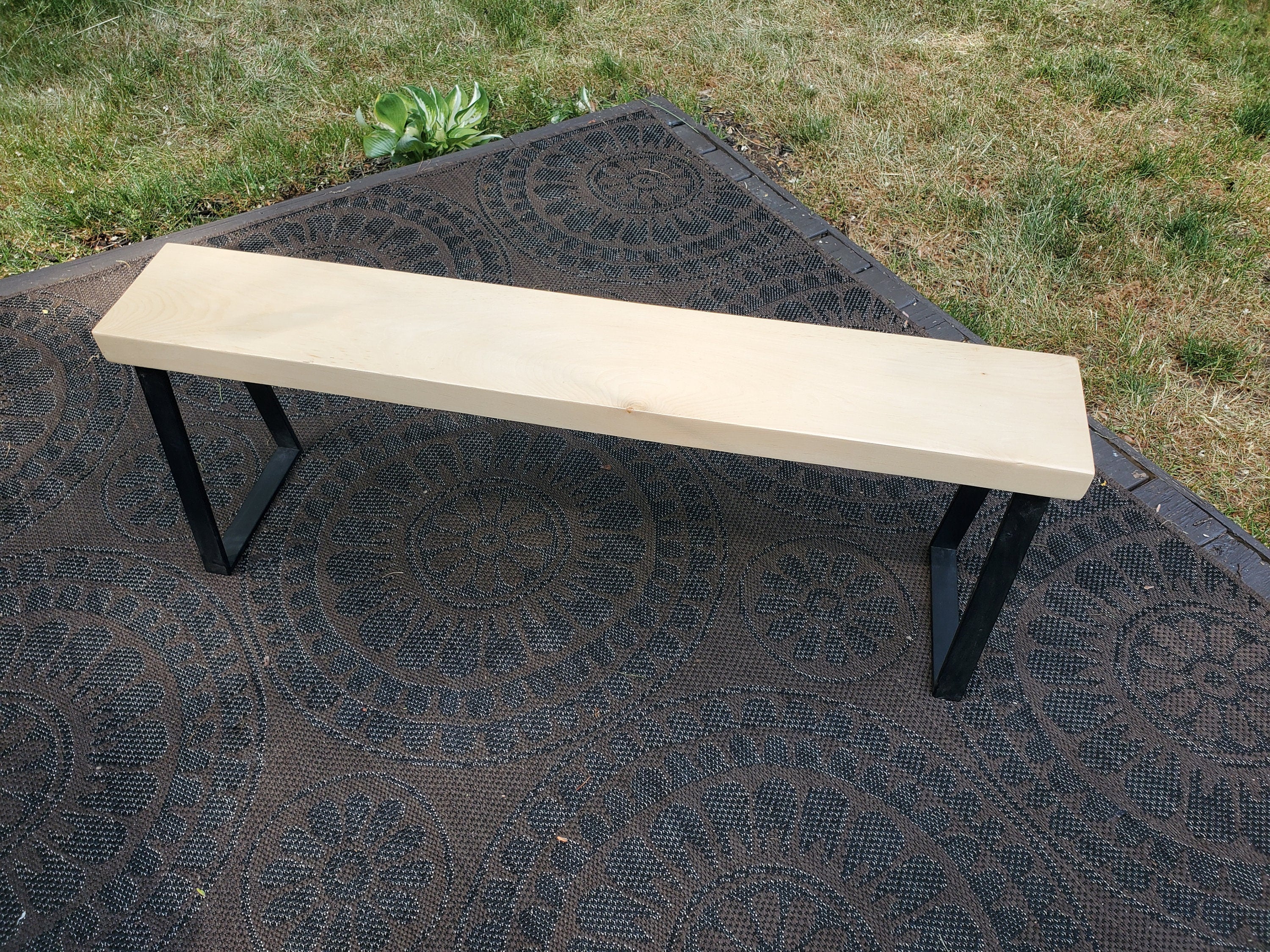 Shipping Included, 4 Ft Slab Pine Bench, Indoor/Outdoor Piece, Thick Pine, Trapezoid Metal Legs