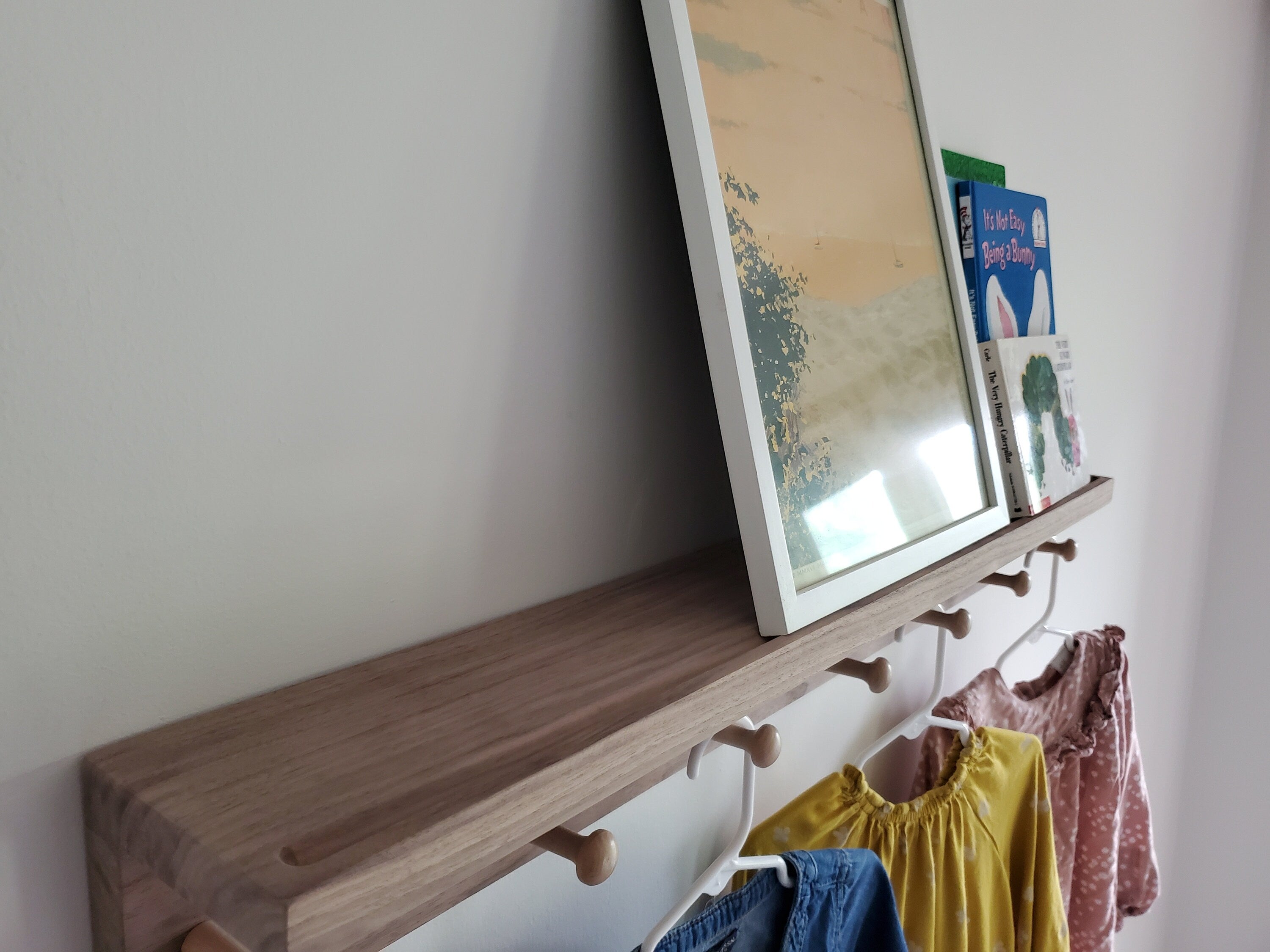 Shipping Included, Nursery Shelf With Hooks, Walnut Shelf With Groove, Nursery Bookshelf, Nursery Decor, Kitchen Shelf, Laundry Shelf, Entry Shelf