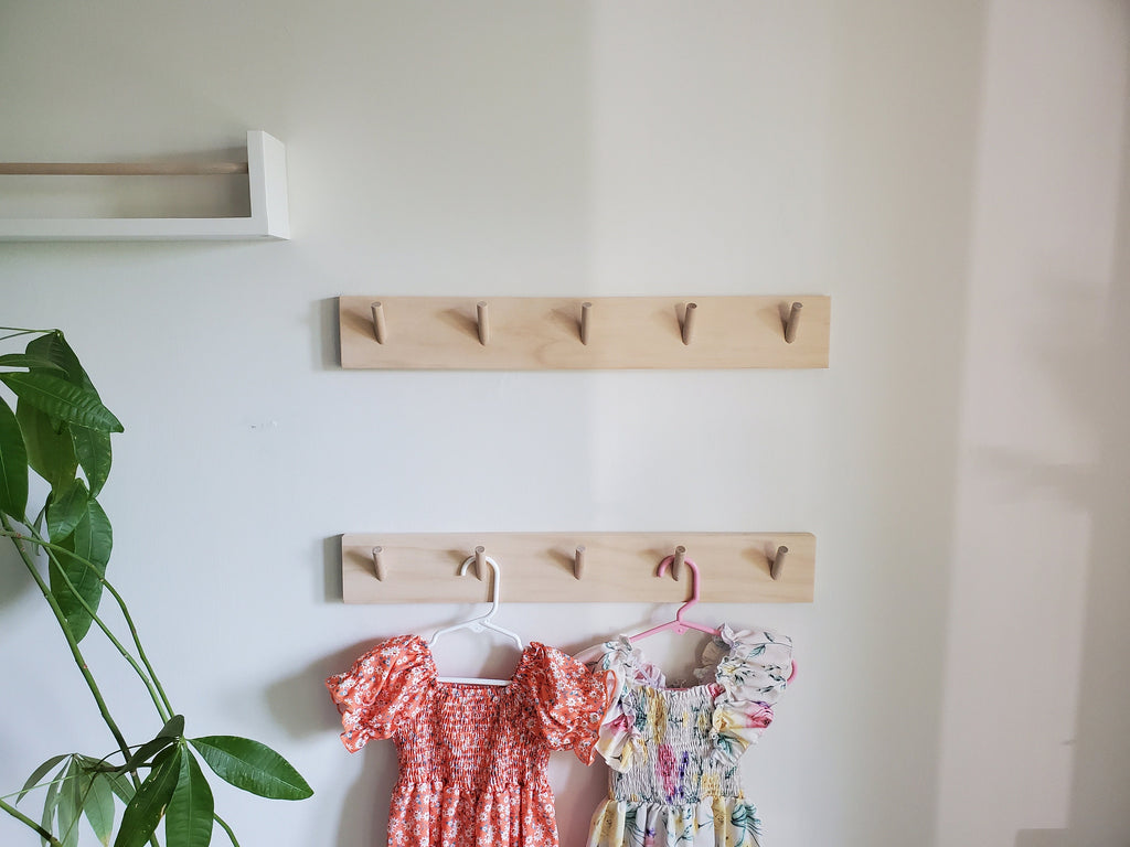Shipping Included, 18" - 48" Pine Nursery Angled Wall Hook Shelf, Peg Rack Natural, Nursery Garment Rack, Nursery Peg Shelf, Entryway Coat Rack, Bathroom Towel