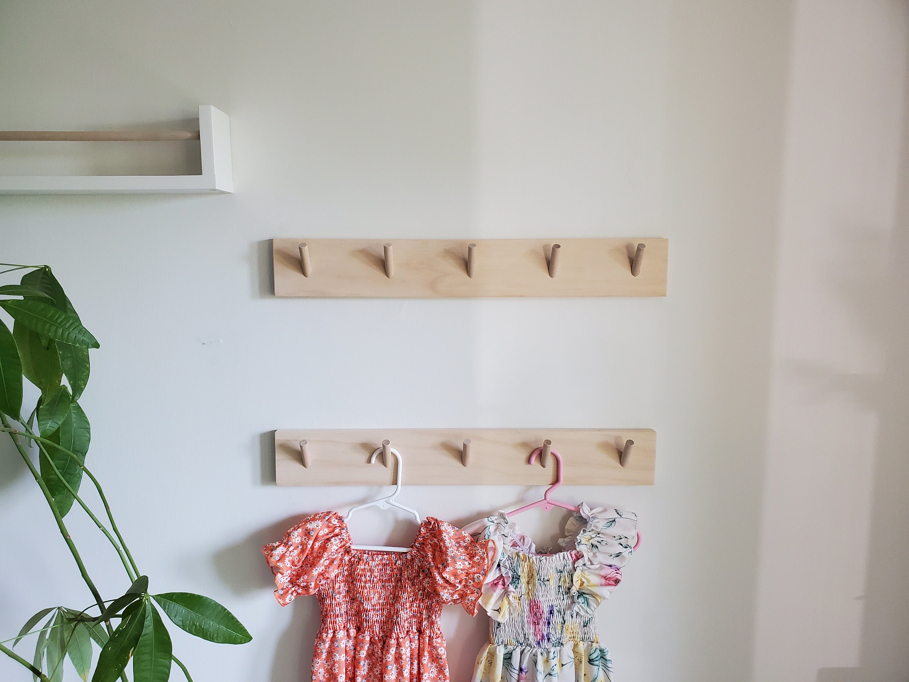 Shipping Included, 18" - 48" Pine Nursery Angled Wall Hook Shelf, Peg Rack Natural, Nursery Garment Rack, Nursery Peg Shelf, Entryway Coat Rack, Bathroom Towel