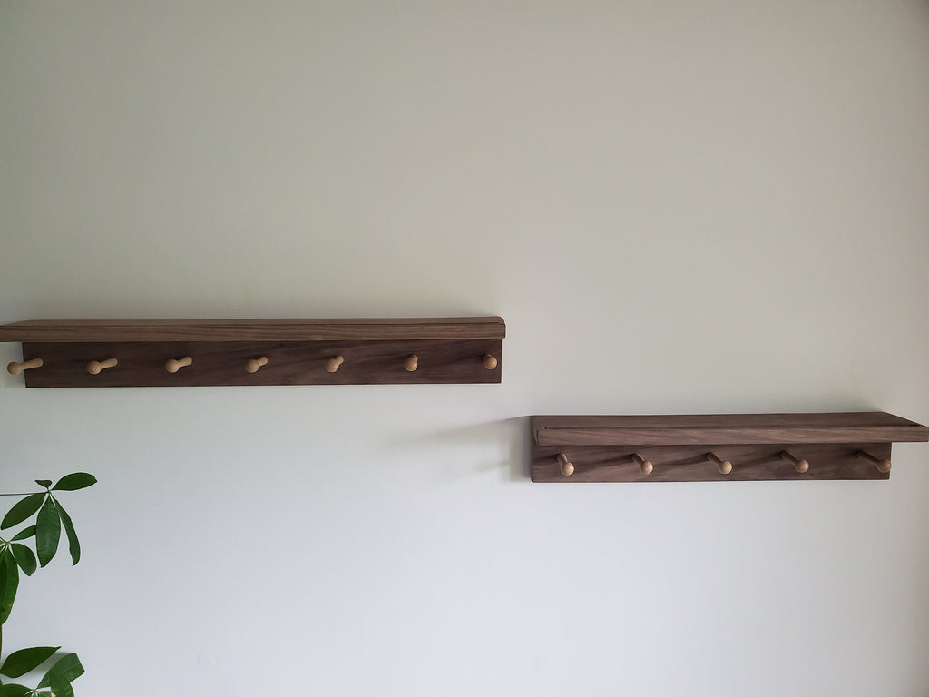Shipping Included, Nursery Shelf With Hooks, Walnut Shelf With Groove, Nursery Bookshelf, Nursery Decor, Kitchen Shelf, Laundry Shelf, Entry Shelf