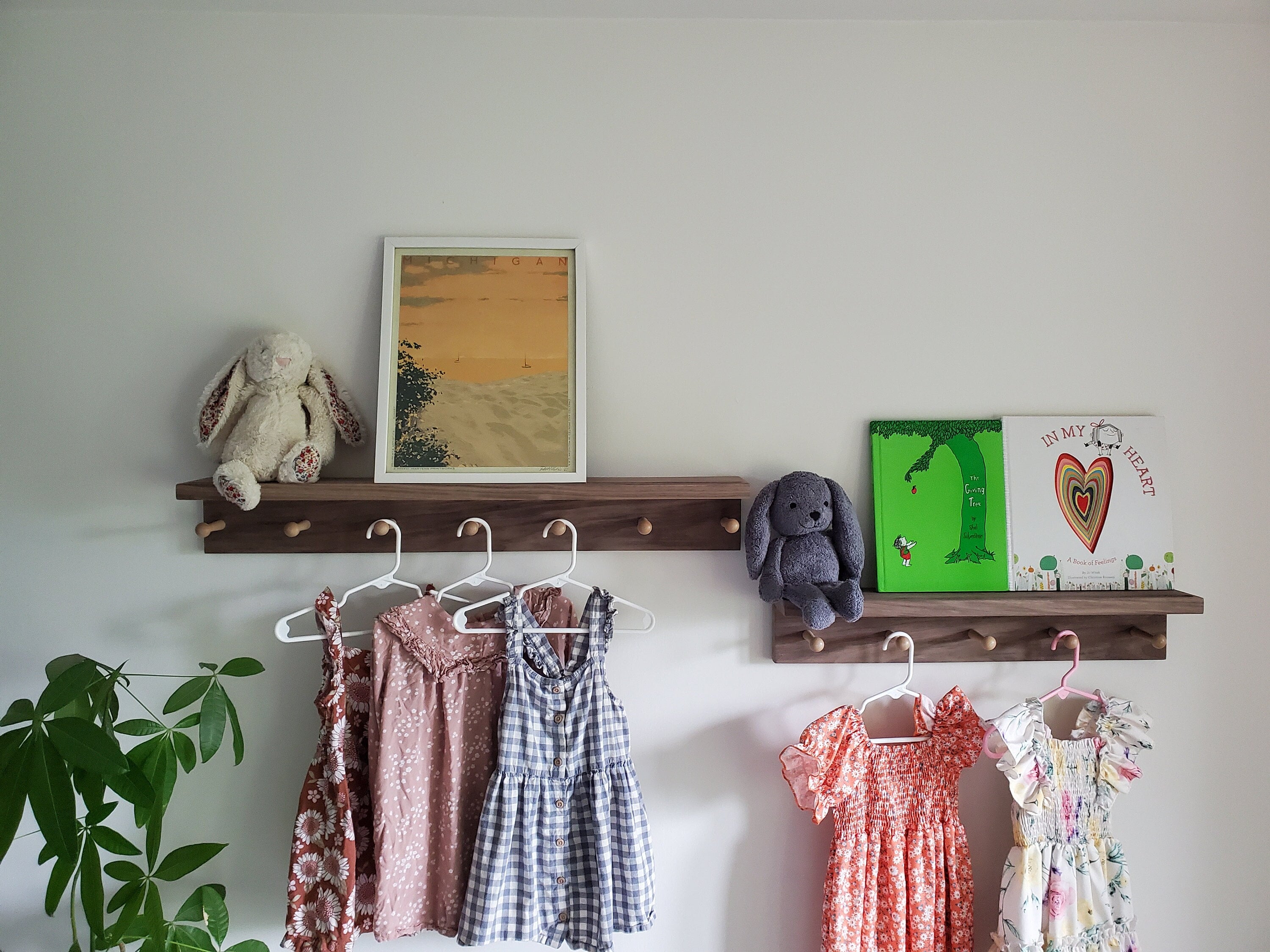 Shipping Included, Nursery Shelf With Hooks, Walnut Shelf With Groove, Nursery Bookshelf, Nursery Decor, Kitchen Shelf, Laundry Shelf, Entry Shelf