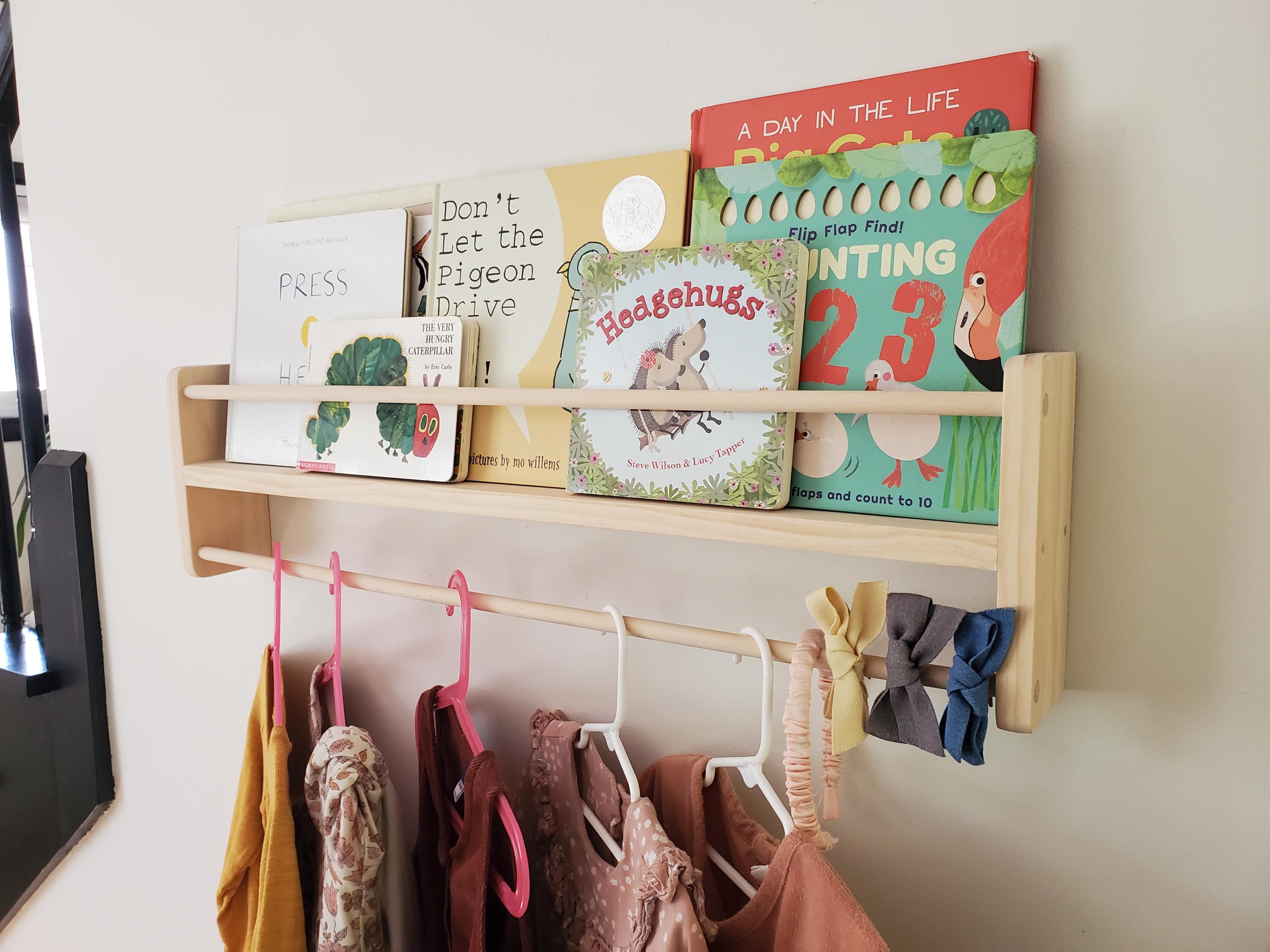 Shipping Included, Natural Pine Bookshelf/Clothing Hanger Combo Shelf, Floating Bookshelf, Furniture Grade Pine, Sanded Smooth, Easy Installation, Nursery Shelf