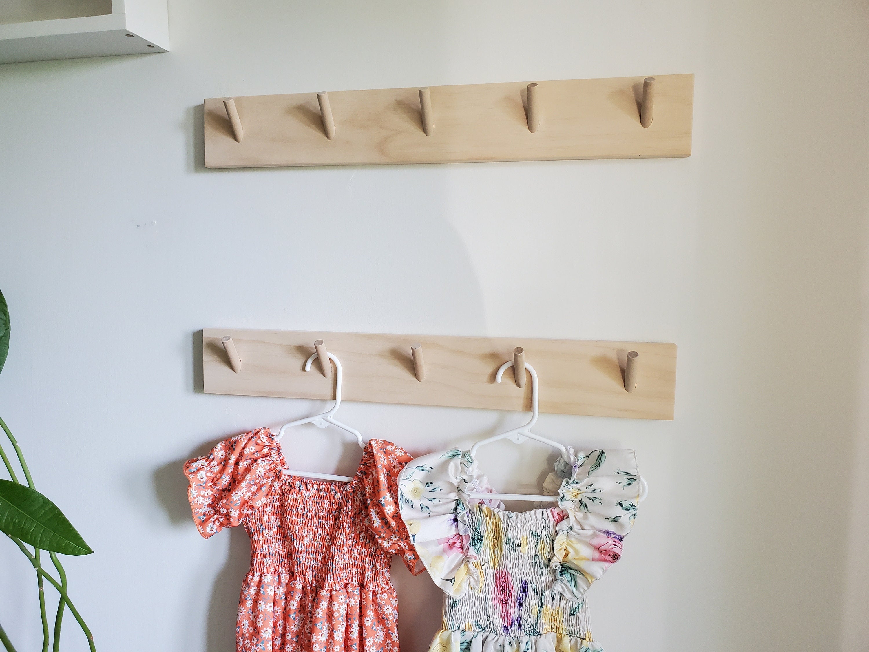 Shipping Included, 18" - 48" Pine Nursery Angled Wall Hook Shelf, Peg Rack Natural, Nursery Garment Rack, Nursery Peg Shelf, Entryway Coat Rack, Bathroom Towel