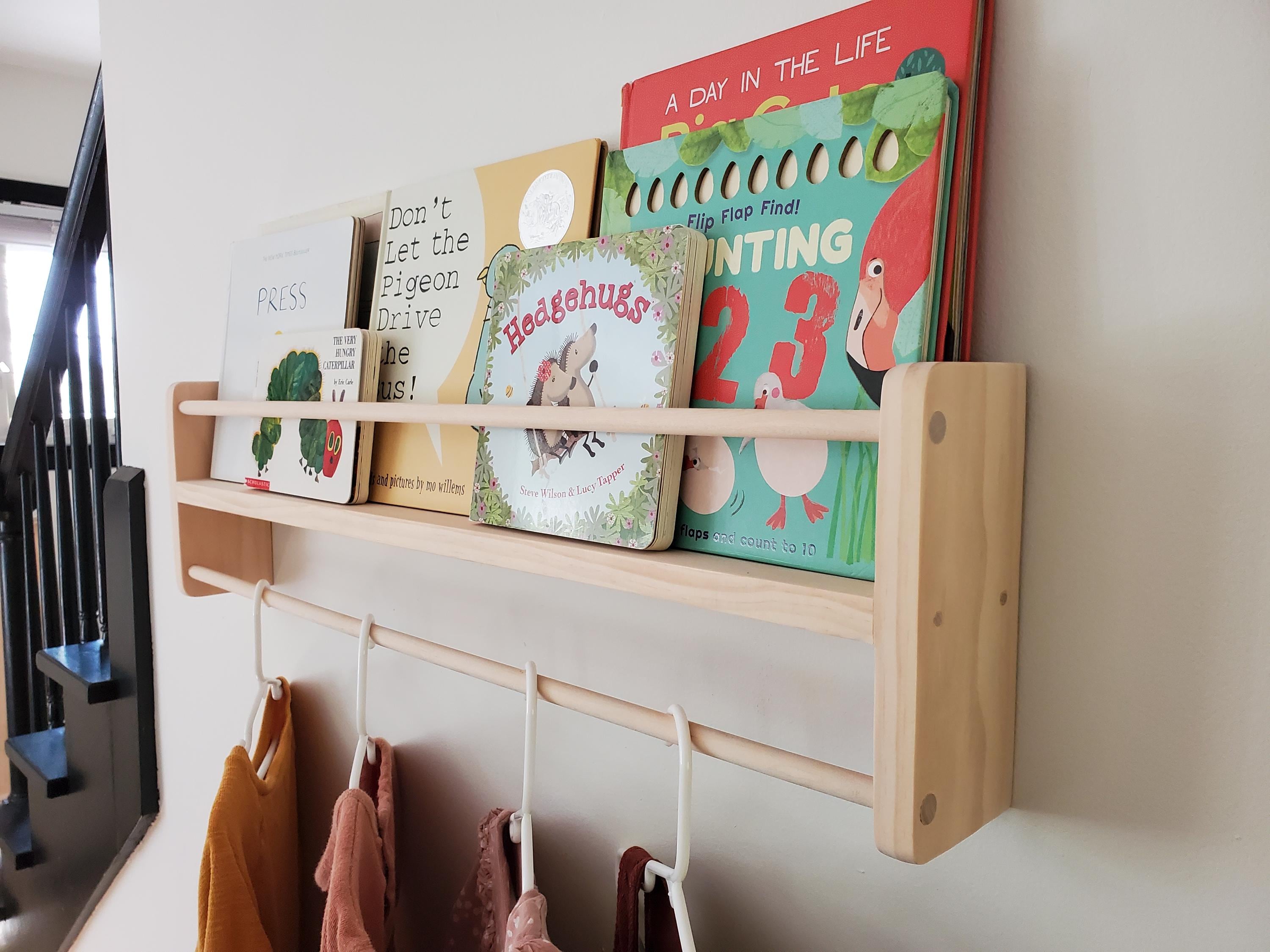 Shipping Included, Natural Pine Bookshelf/Clothing Hanger Combo Shelf, Floating Bookshelf, Furniture Grade Pine, Sanded Smooth, Easy Installation, Nursery Shelf
