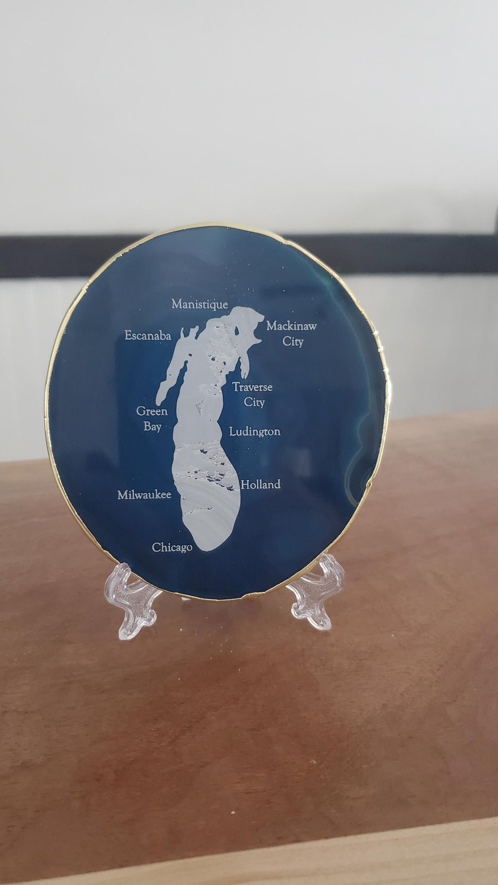 Shipping Included, Blue Agate Coaster W/ Lake Michigan and Cities Engraved