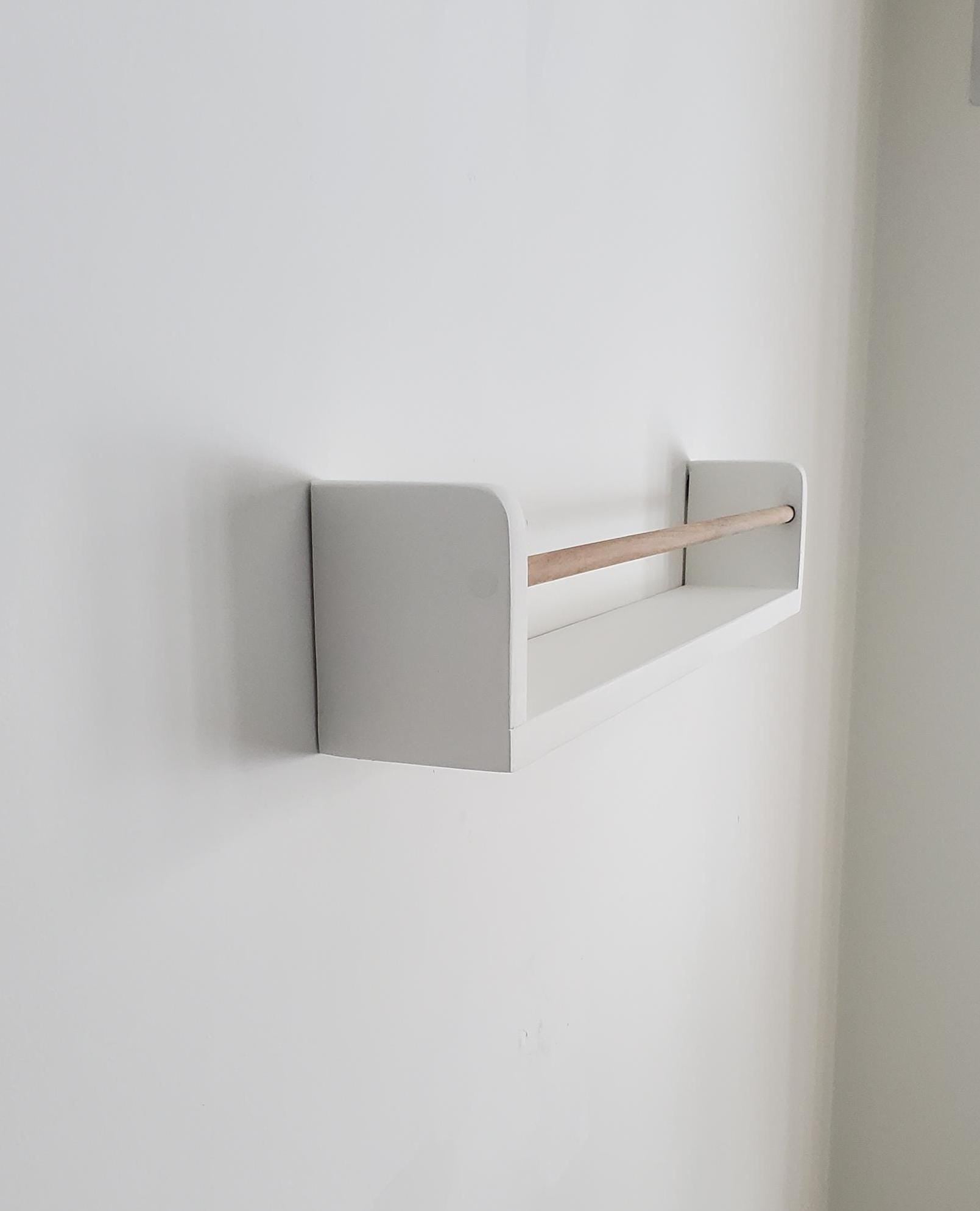 Shipping Included, White Bookshelf With Walnut Dowel, Rounded Top Corner, Nursery Bookshelf, Floating Bookshelf, Handmade