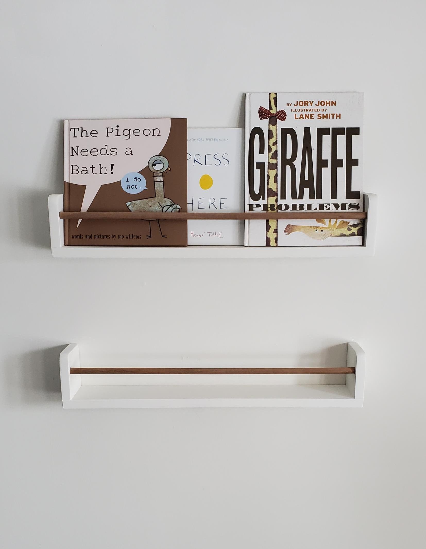 Shipping Included, White Bookshelf With Walnut Dowel, Rounded Top Corner, Nursery Bookshelf, Floating Bookshelf, Handmade