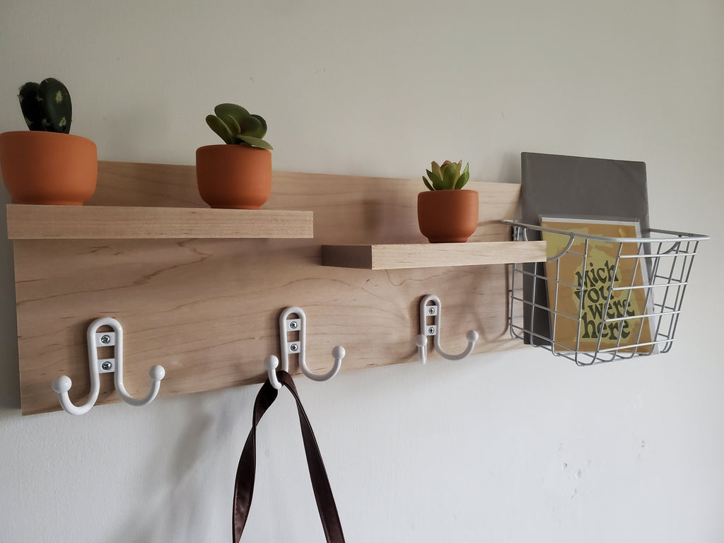 Shipping Included, Hardwood Entry Shelf, Maple Entry Shelf, Entryway Shelf, Entry Shelf with Basket and Hooks