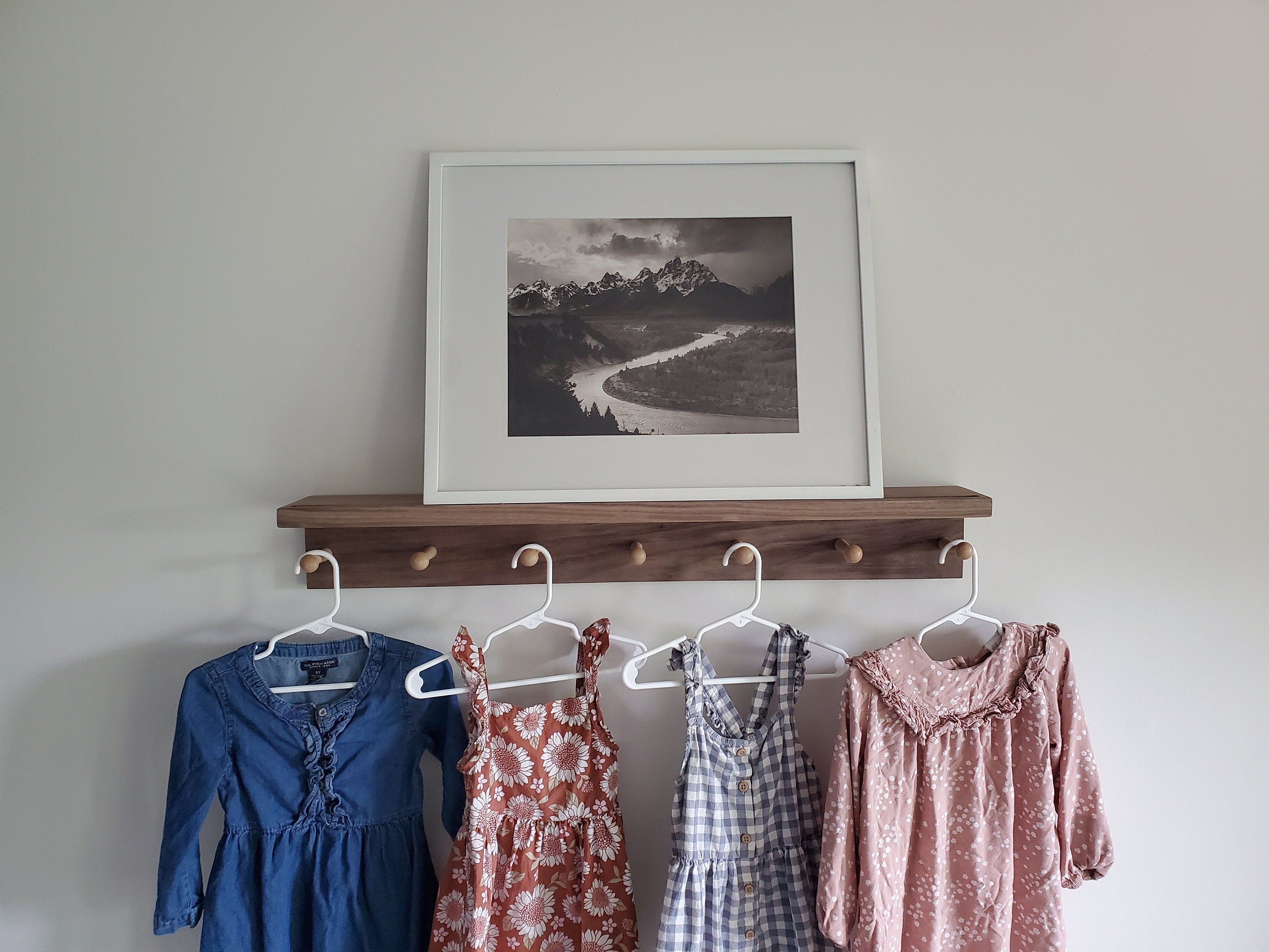 Shipping Included, Nursery Shelf With Hooks, Walnut Shelf With Groove, Nursery Bookshelf, Nursery Decor, Kitchen Shelf, Laundry Shelf, Entry Shelf