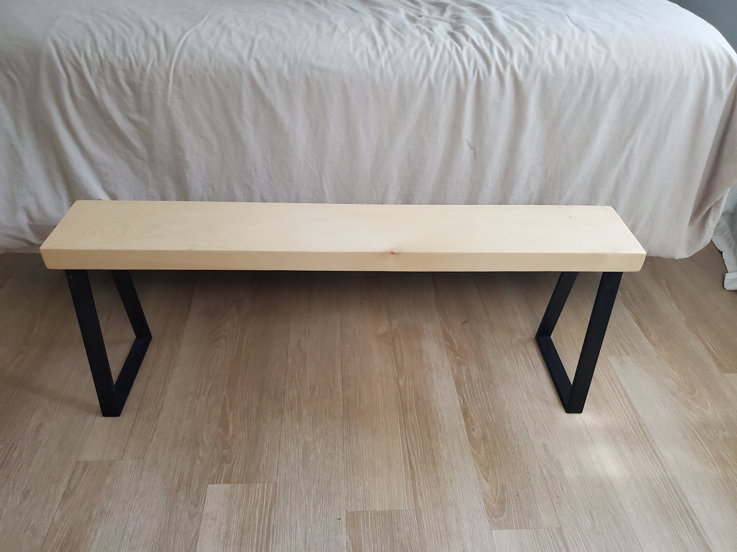 Shipping Included, 4 Ft Slab Pine Bench, Indoor/Outdoor Piece, Thick Pine, Trapezoid Metal Legs