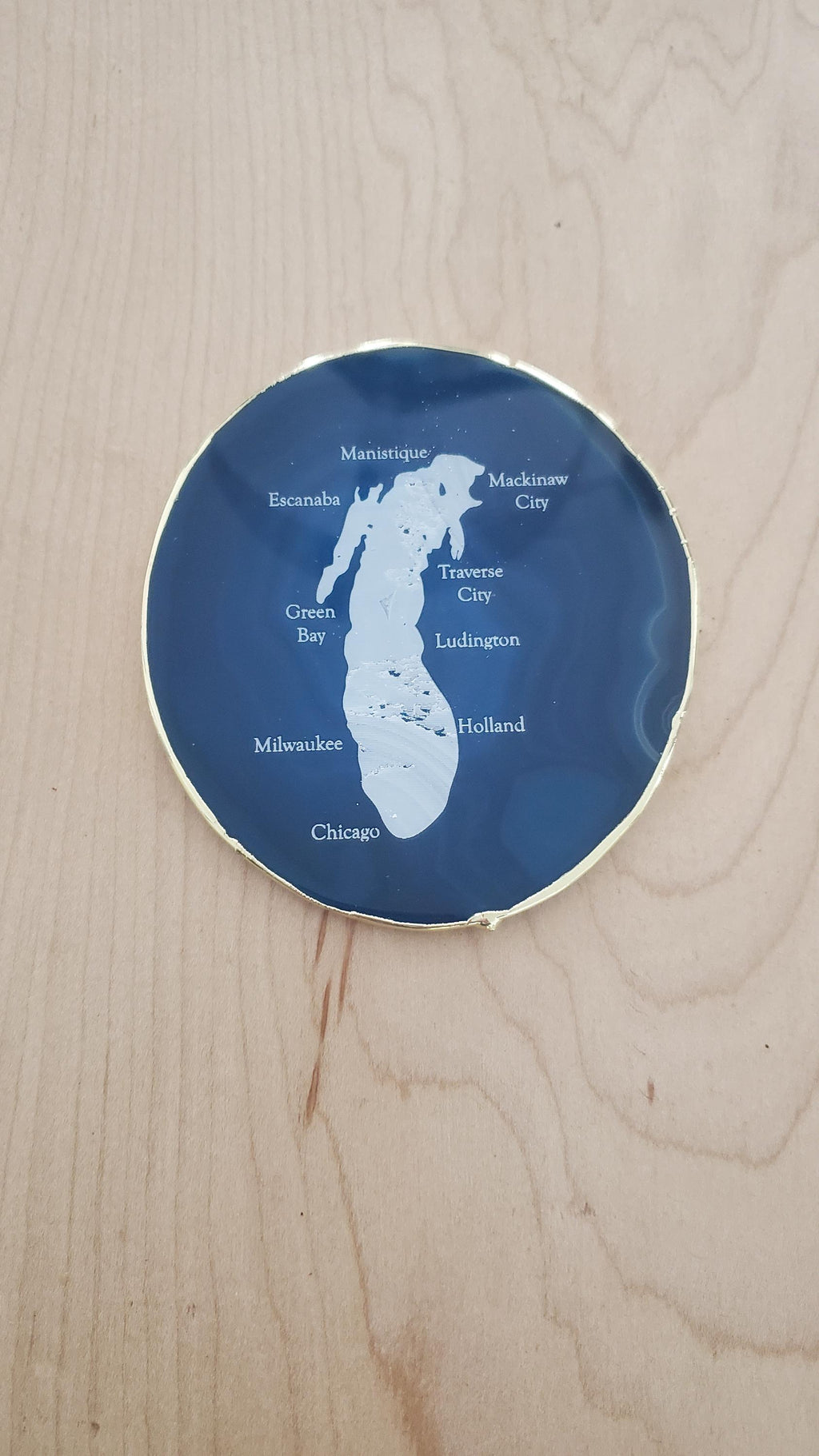 Shipping Included, Blue Agate Coaster W/ Lake Michigan and Cities Engraved