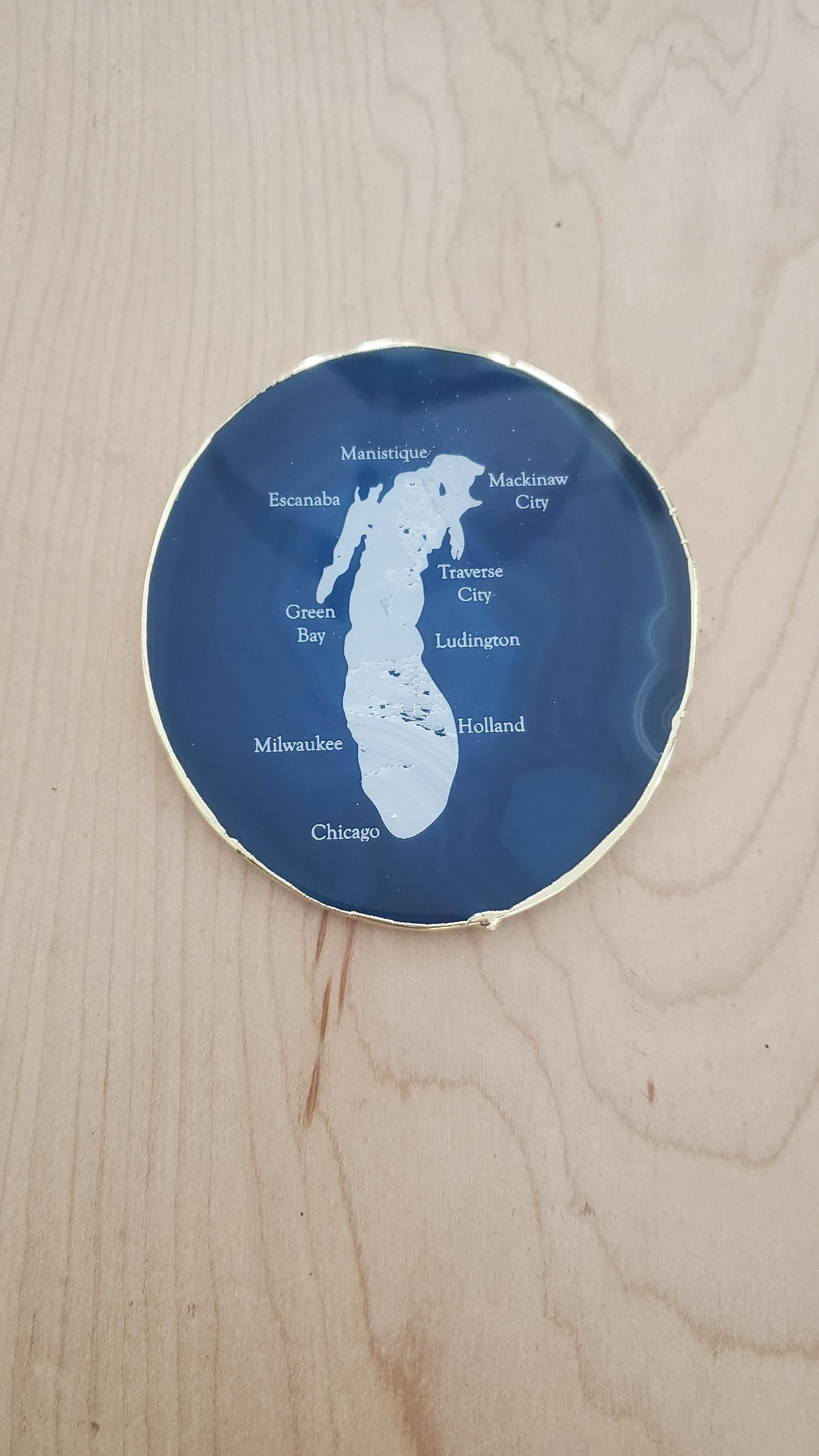 Shipping Included, Blue Agate Coaster W/ Lake Michigan and Cities Engraved