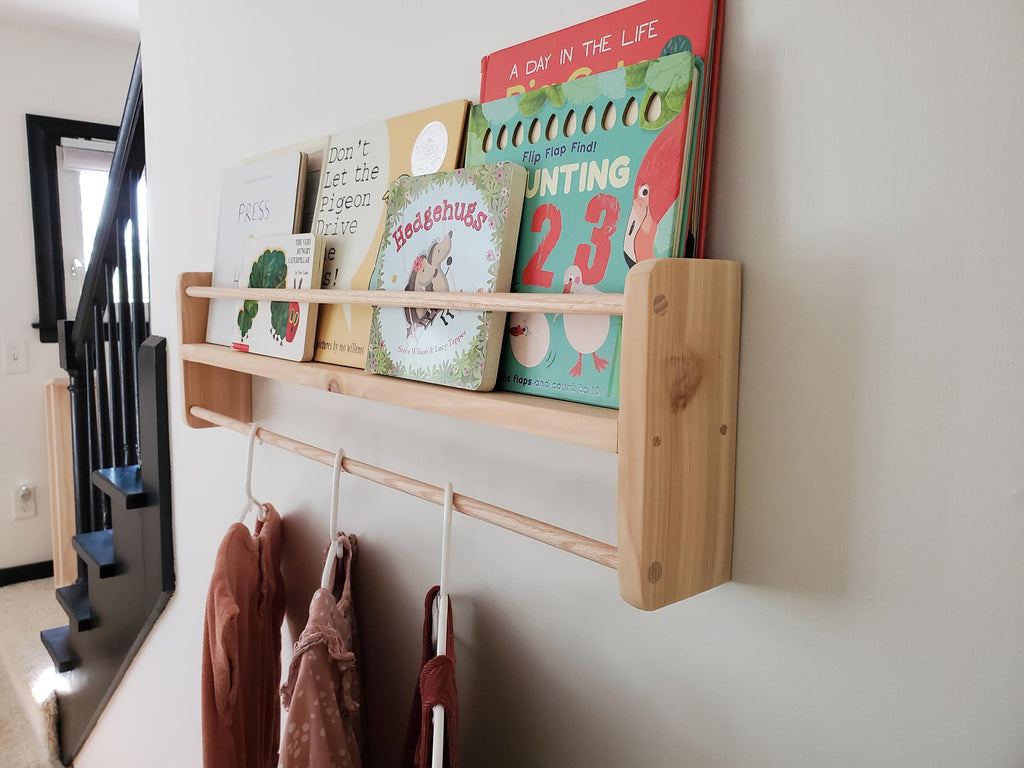 Shipping Included, Natural Cedar Combination Bookshelf, 18"-36", Bookshelf/Picture Shelf With Clothing Rod, Classic Joinery, Home Office, Homeschooling