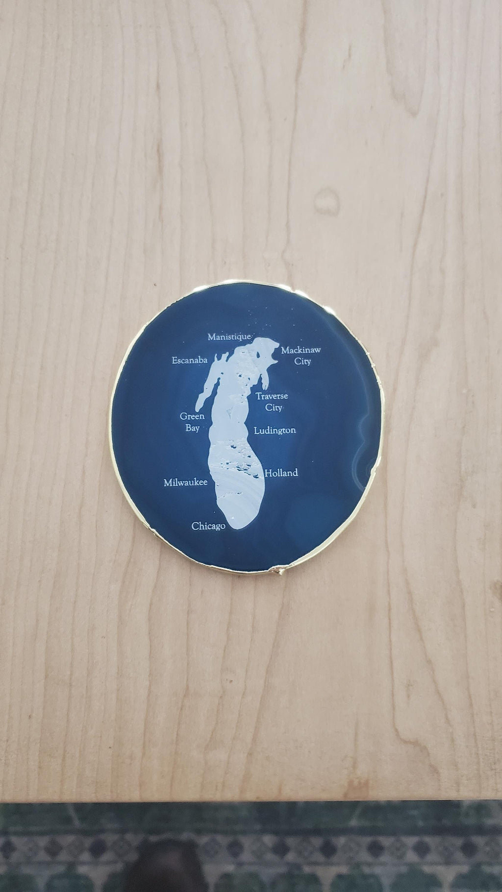 Shipping Included, Blue Agate Coaster W/ Lake Michigan and Cities Engraved