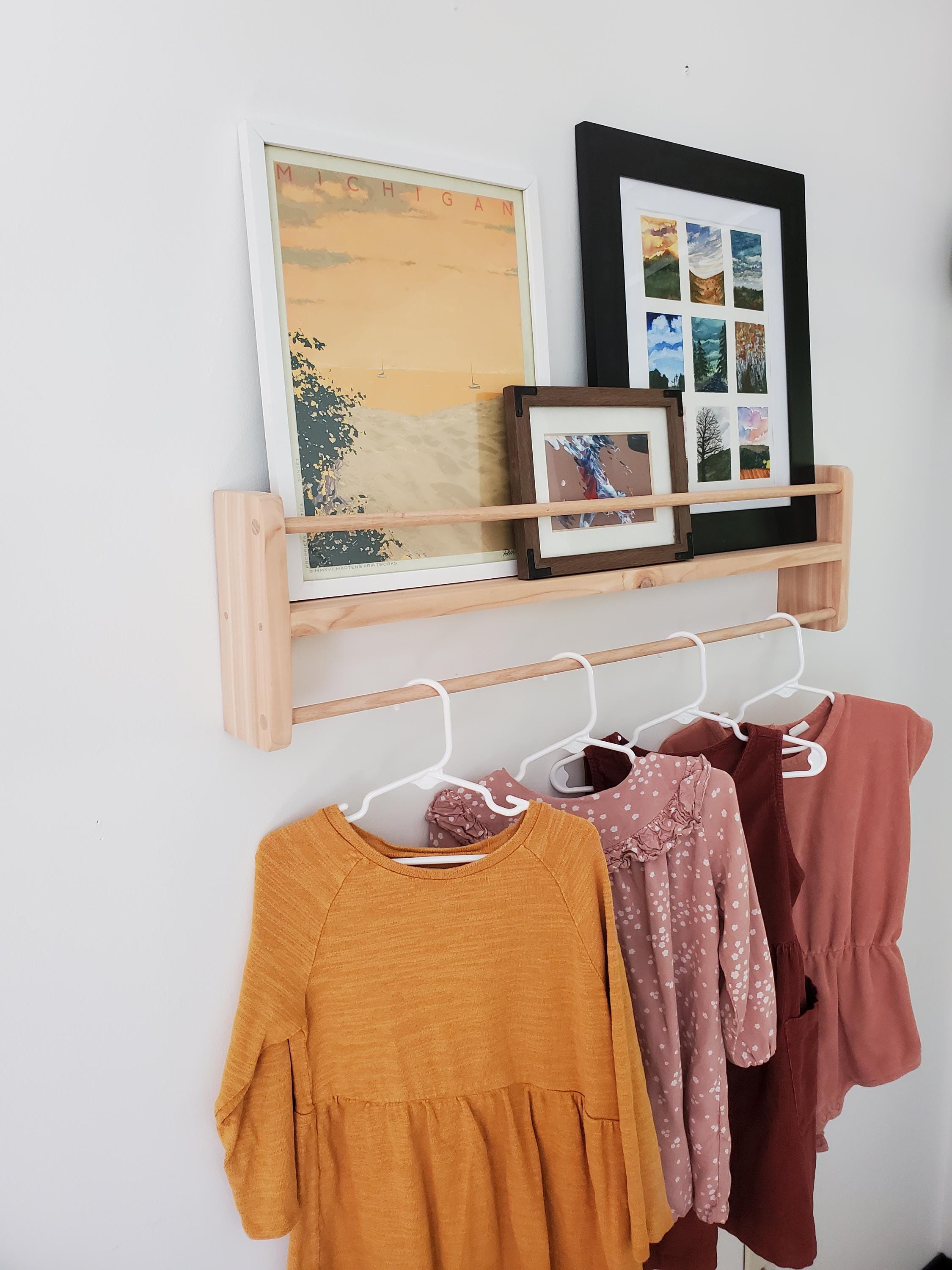 Shipping Included, Cedar Picture Shelf W/ Hanger Rod, Bookshelf, Entryway Shelf, 18"-36" Wide, Display Shelf, Coat Hanger, Nursery Shelf, Playroom, Home school