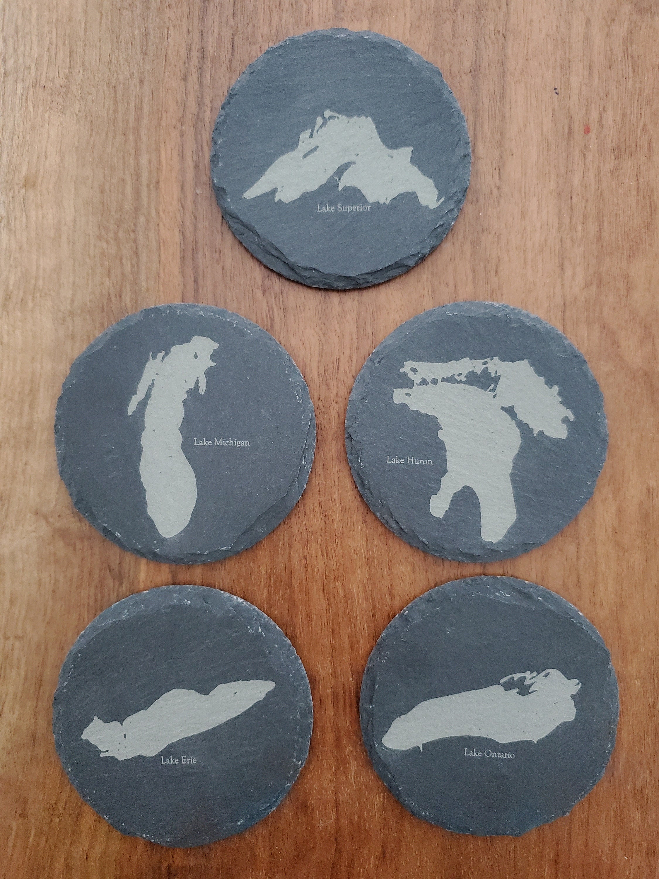 Shipping Included, Great Lakes Gift Set- 5 Pack of Slate Great Lakes Coasters-Lakes Superior, Michigan, Huron, Erie and Ontario