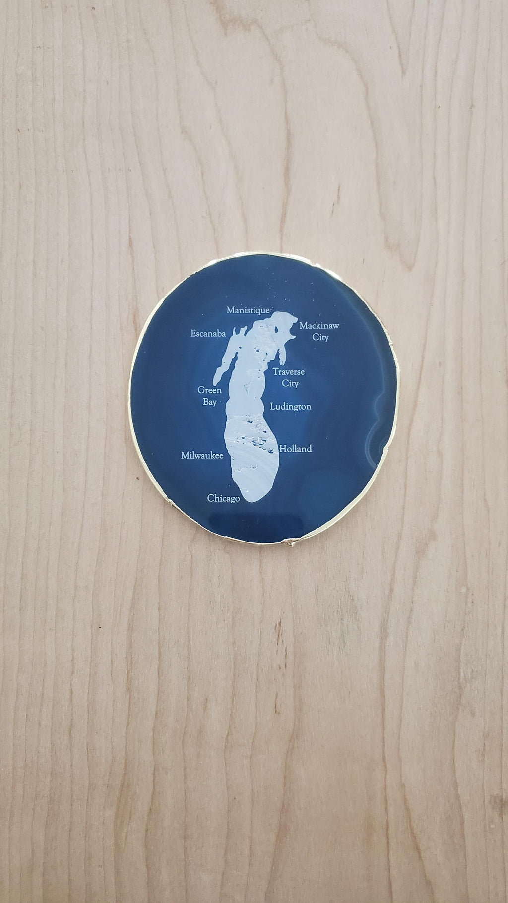 Shipping Included, Blue Agate Coaster W/ Lake Michigan and Cities Engraved