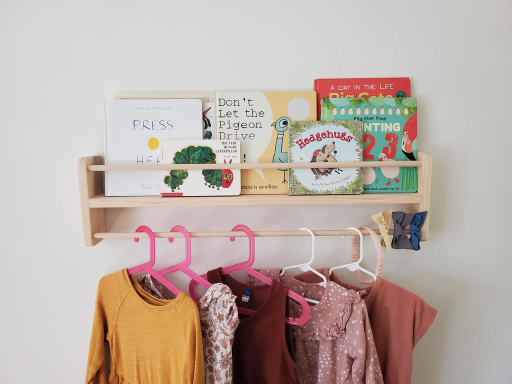Shipping Included, Natural Pine Bookshelf/Clothing Hanger Combo Shelf, Floating Bookshelf, Furniture Grade Pine, Sanded Smooth, Easy Installation, Nursery Shelf