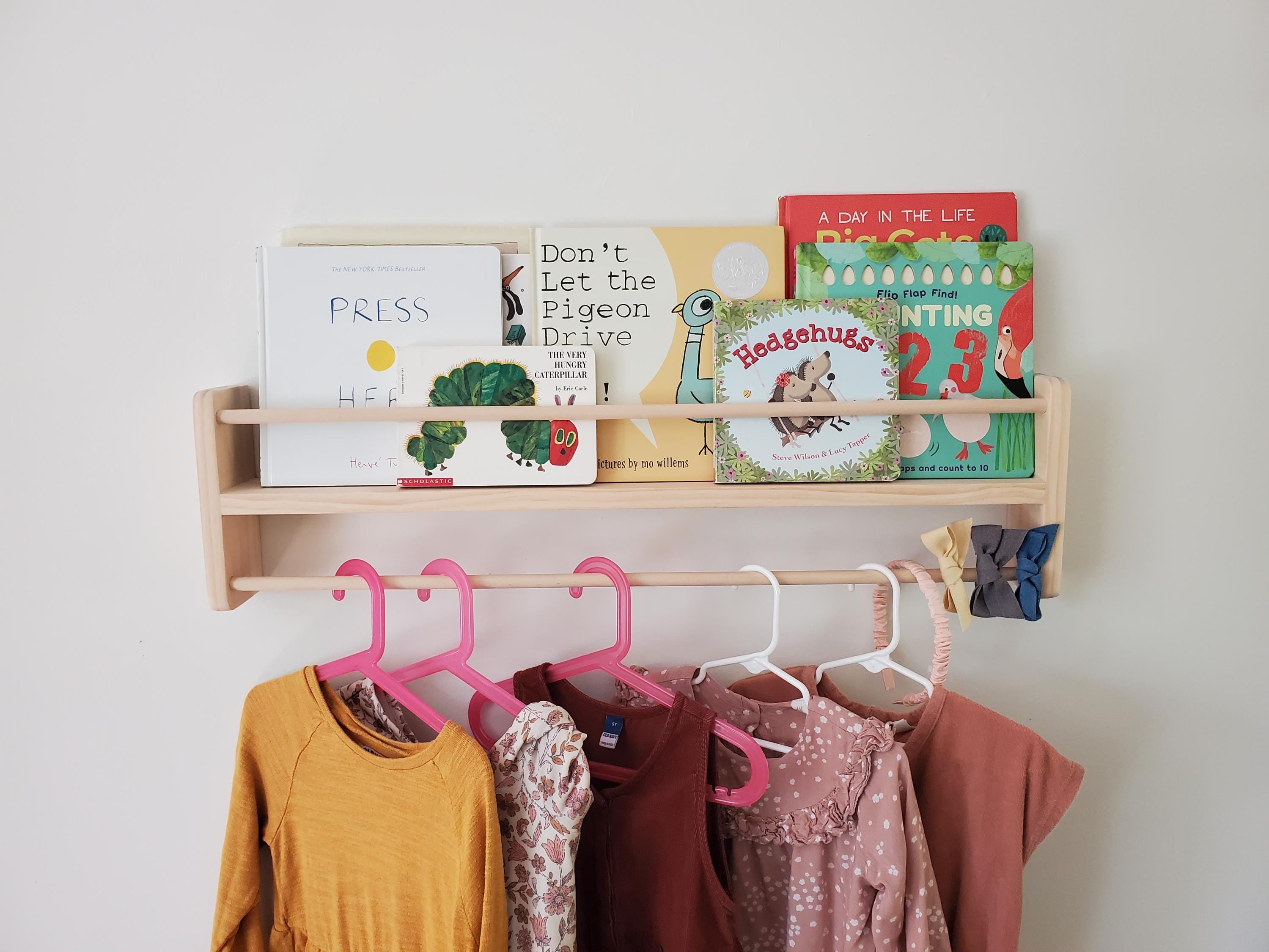 Shipping Included, Natural Pine Bookshelf/Clothing Hanger Combo Shelf, Floating Bookshelf, Furniture Grade Pine, Sanded Smooth, Easy Installation, Nursery Shelf