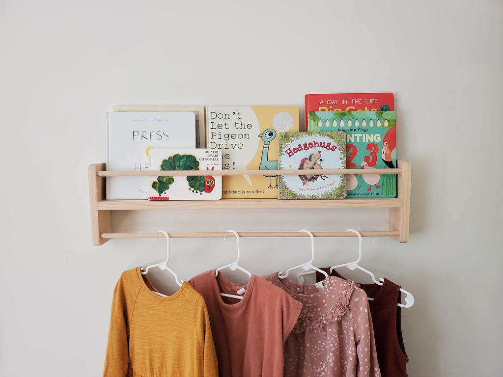 Shipping Included, Natural Pine Bookshelf/Clothing Hanger Combo Shelf, Floating Bookshelf, Furniture Grade Pine, Sanded Smooth, Easy Installation, Nursery Shelf