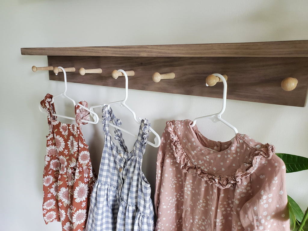 Shipping Included, Nursery Shelf With Hooks, Walnut Shelf With Groove, Nursery Bookshelf, Nursery Decor, Kitchen Shelf, Laundry Shelf, Entry Shelf