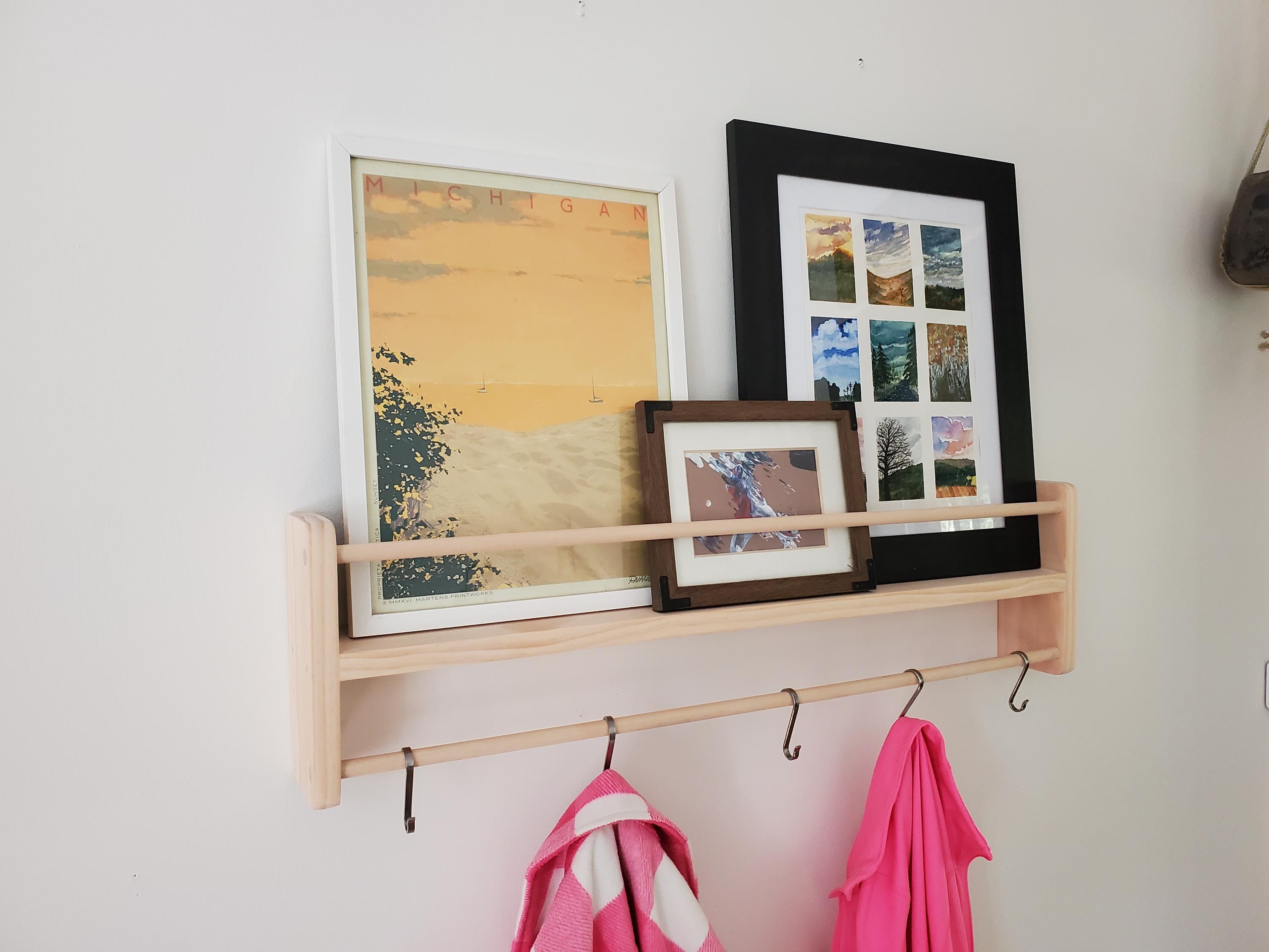 Shipping Included, Pine Picture Shelf W/ Hanger Rod, Bookshelf, Entryway Shelf, 18"-36" Width, Display Shelf, Coat Hanger, Nursery Shelf, Playroom, Home school