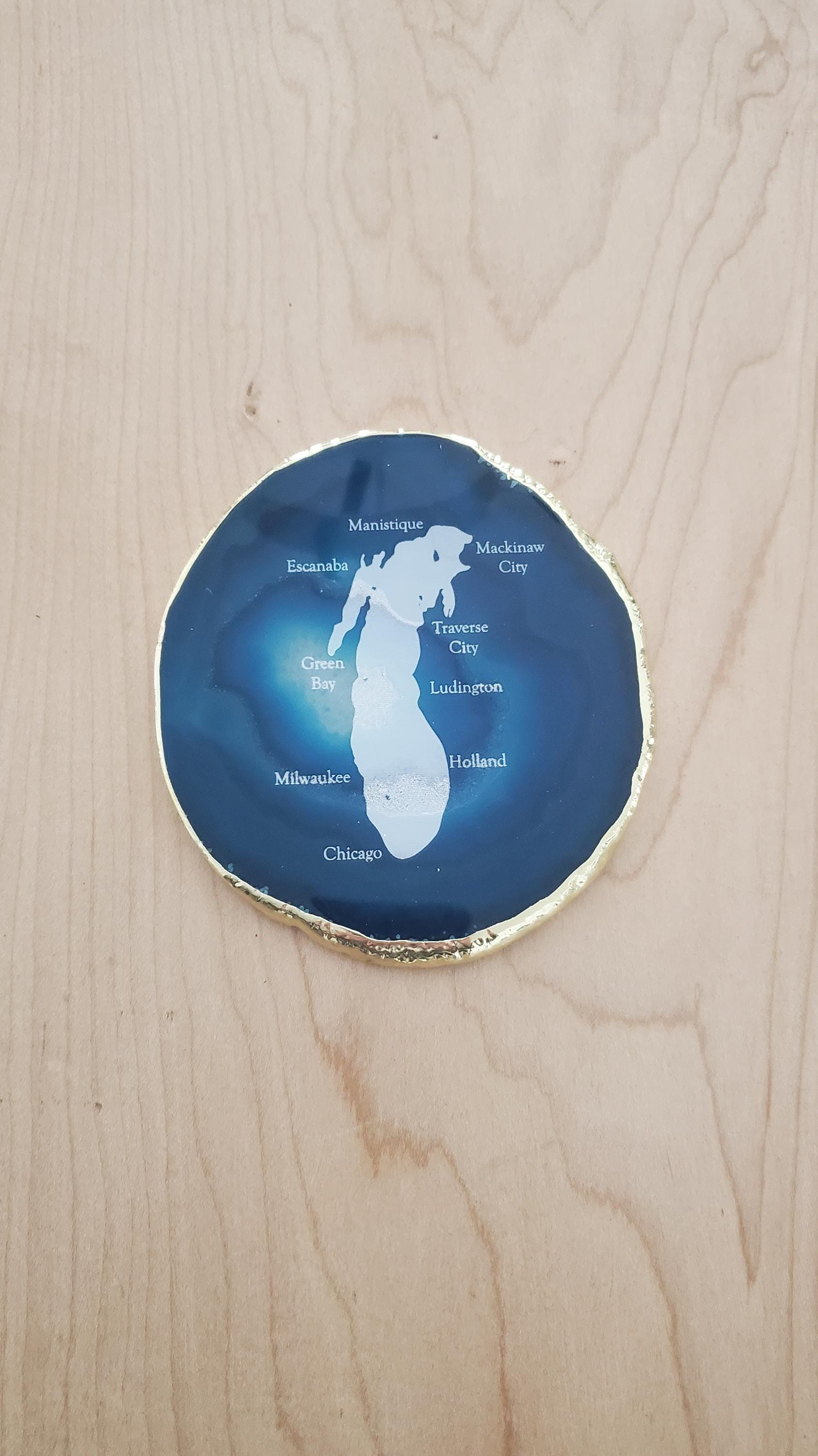 Shipping Included, Blue Agate Coaster W/ Lake Michigan and Cities Engraved