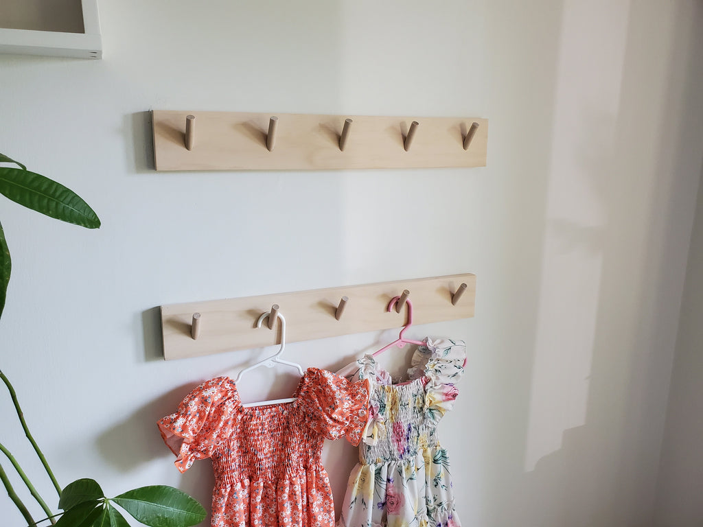 Shipping Included, 18" - 48" Pine Nursery Angled Wall Hook Shelf, Peg Rack Natural, Nursery Garment Rack, Nursery Peg Shelf, Entryway Coat Rack, Bathroom Towel