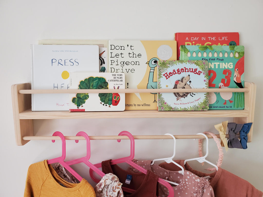 Shipping Included, Natural Pine Bookshelf/Clothing Hanger Combo Shelf, Floating Bookshelf, Furniture Grade Pine, Sanded Smooth, Easy Installation, Nursery Shelf
