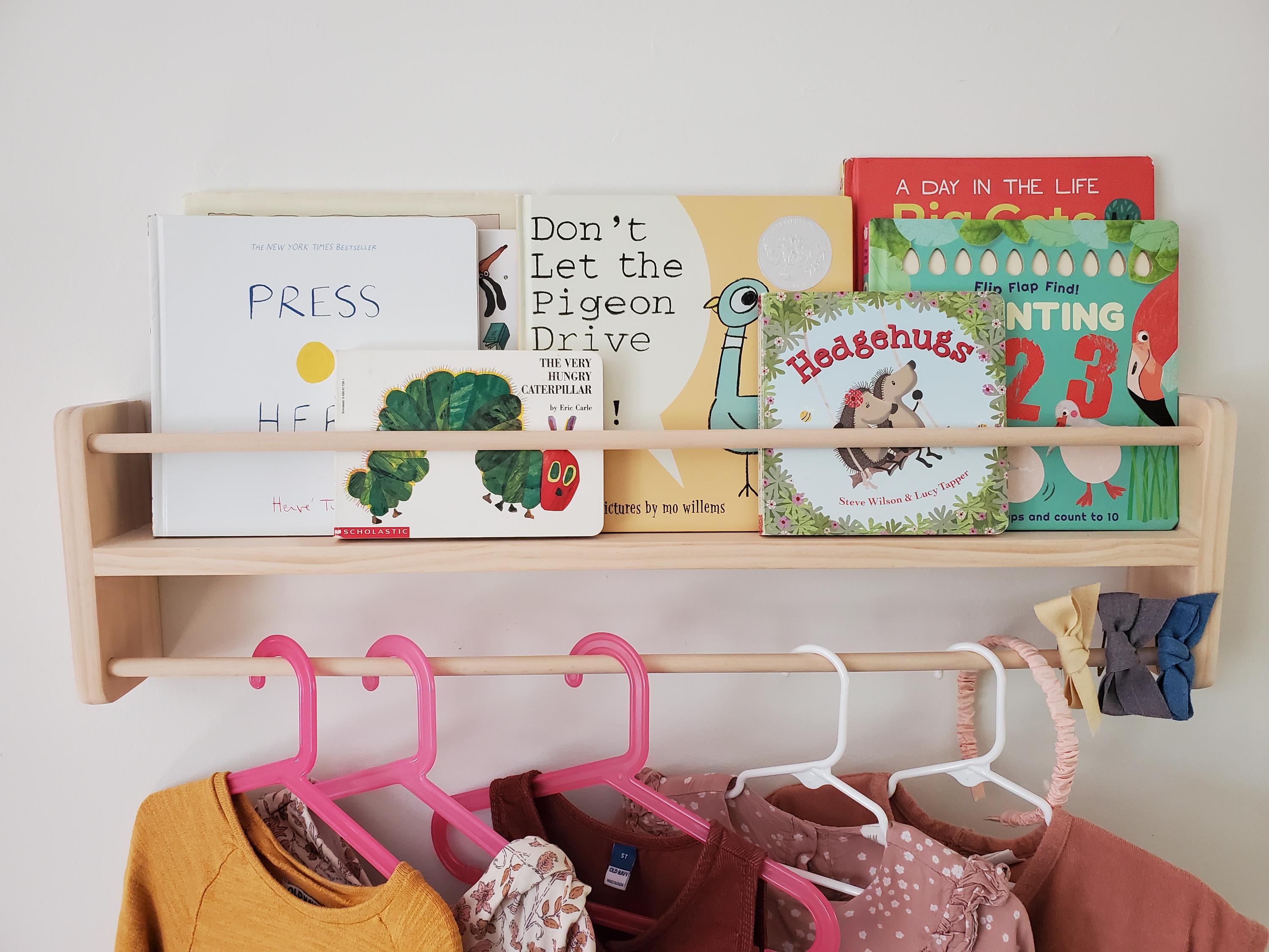 Shipping Included, Natural Pine Bookshelf/Clothing Hanger Combo Shelf, Floating Bookshelf, Furniture Grade Pine, Sanded Smooth, Easy Installation, Nursery Shelf