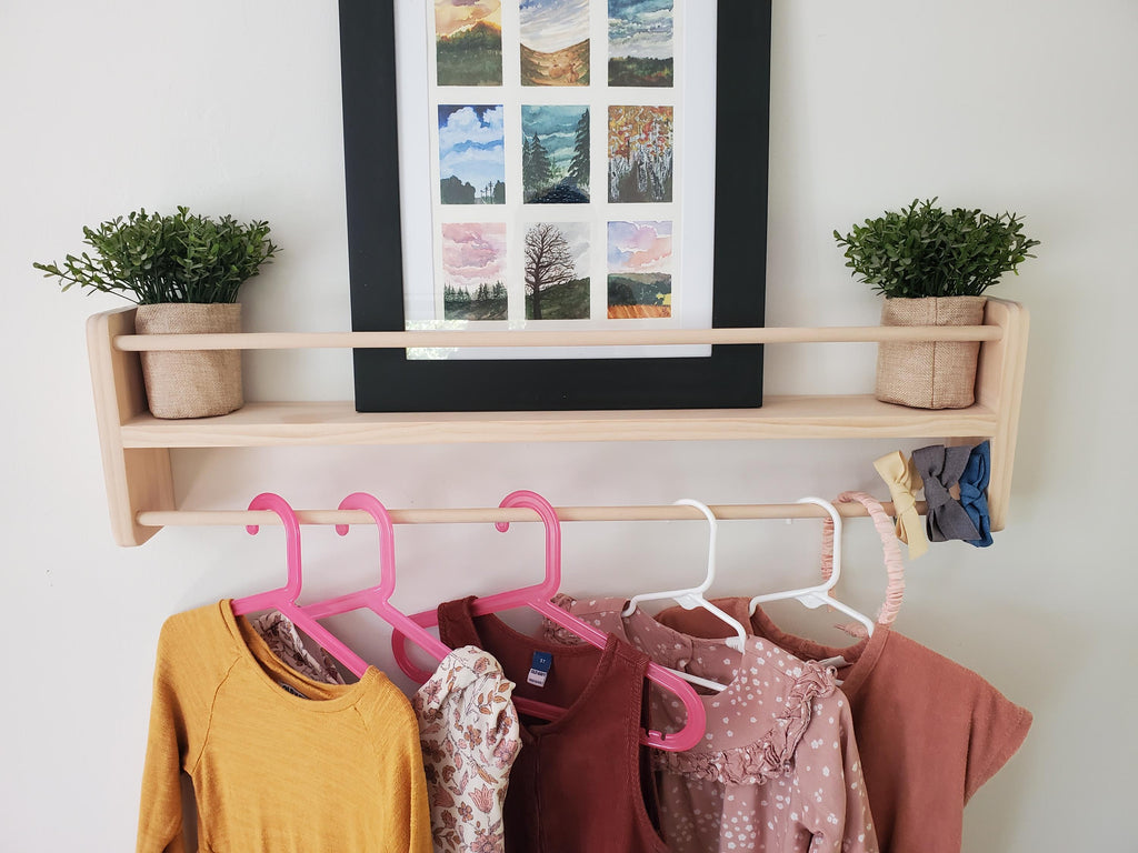 Shipping Included, Pine Picture Shelf W/ Hanger Rod, Bookshelf, Entryway Shelf, 18"-36" Width, Display Shelf, Coat Hanger, Nursery Shelf, Playroom, Home school