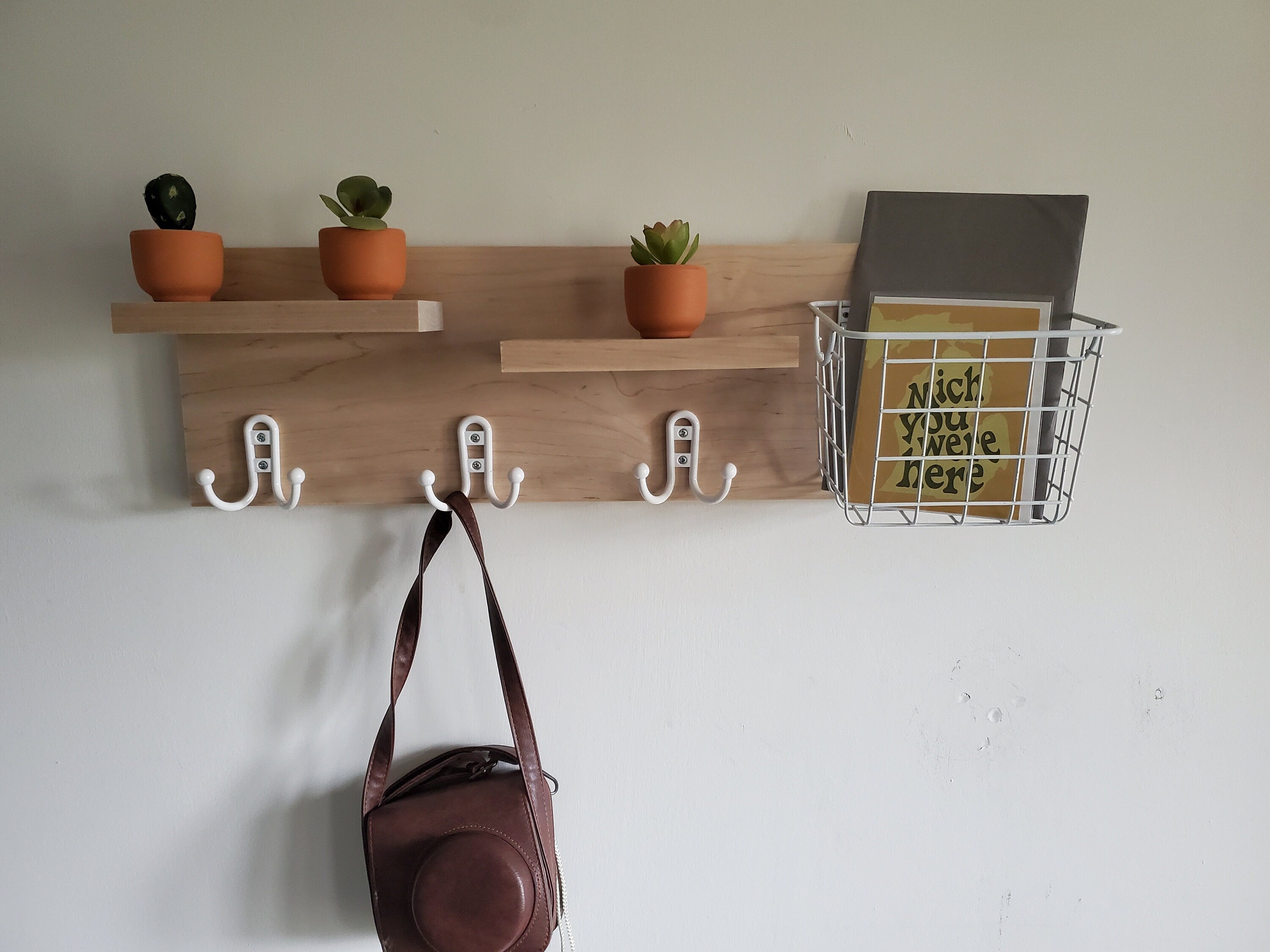 Shipping Included, Hardwood Entry Shelf, Maple Entry Shelf, Entryway Shelf, Entry Shelf with Basket and Hooks
