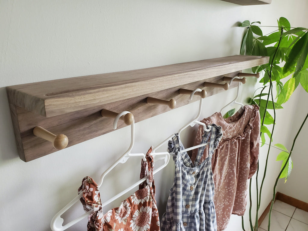 Shipping Included, Nursery Shelf With Hooks, Walnut Shelf With Groove, Nursery Bookshelf, Nursery Decor, Kitchen Shelf, Laundry Shelf, Entry Shelf