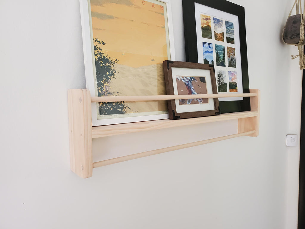 Shipping Included, Pine Picture Shelf W/ Hanger Rod, Bookshelf, Entryway Shelf, 18"-36" Width, Display Shelf, Coat Hanger, Nursery Shelf, Playroom, Home school