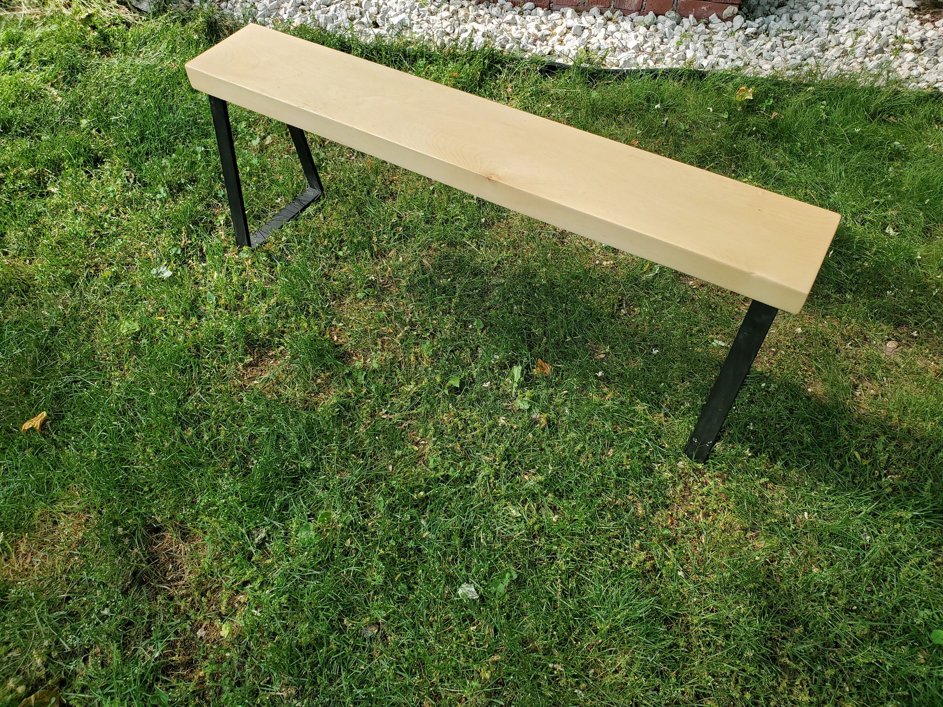 Shipping Included, 4 Ft Slab Pine Bench, Indoor/Outdoor Piece, Thick Pine, Trapezoid Metal Legs